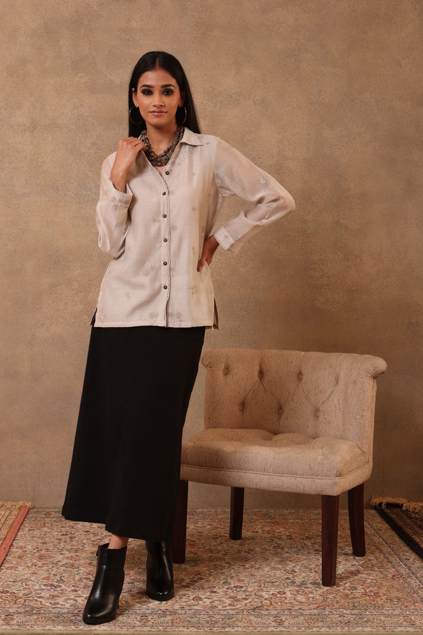 Beige-Grey Hand-Embroidered Pure Cotton-Silk Collared Short Blouse