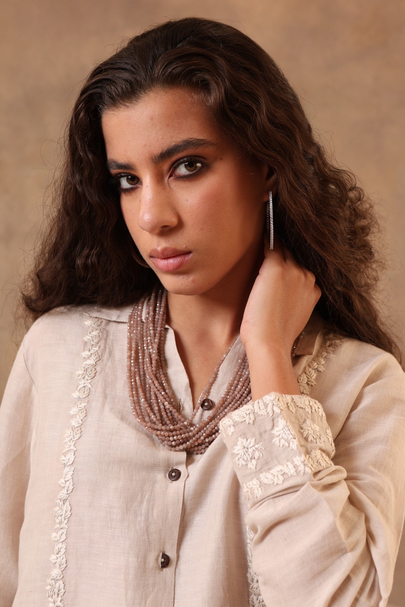 Beige-Grey Hand-Embroidered Handloom Pure Linen-Cotton Collared Short Blouse