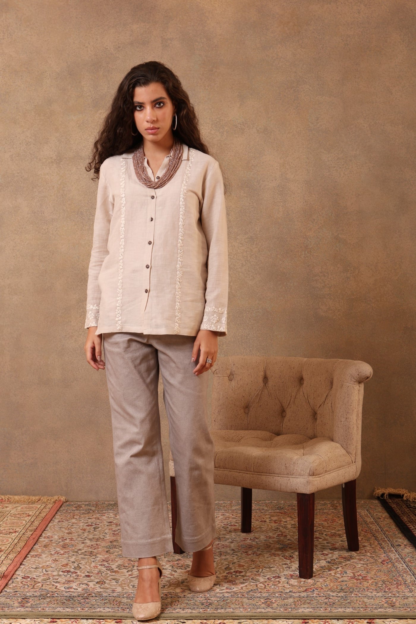 Beige-Grey Hand-Embroidered Handloom Pure Linen-Cotton Collared Short Blouse