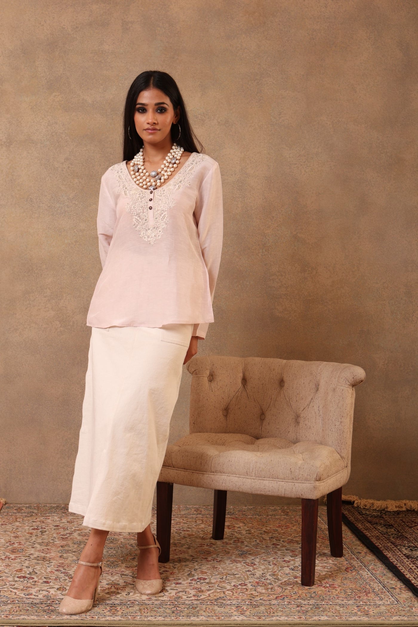 Light Pale-Pink Hand-Embroidered Pure Linen-Silk Short Blouse