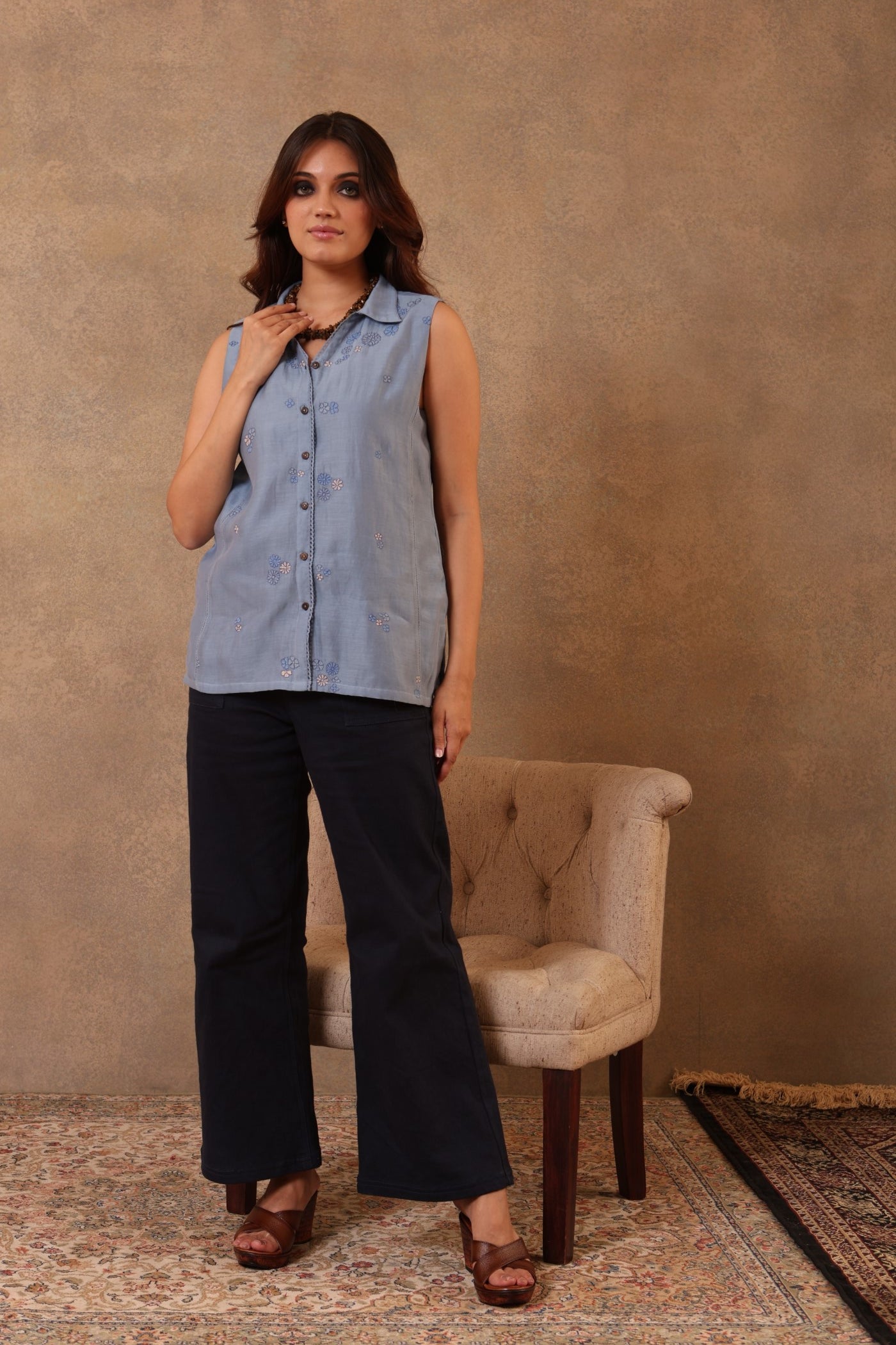 Forever-Blue Hand-Embroidered Pure Cotton-Silk Collared Short Blouse