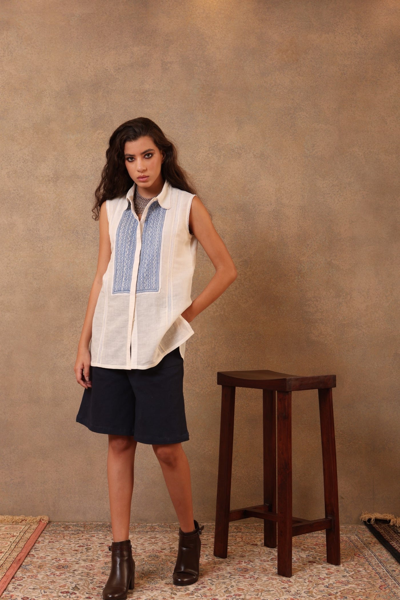 Ivory Hand-Embroidered Pure Linen-Cotton Collared Sleeveless Front-Open Blouse Finished With Cotton Laces