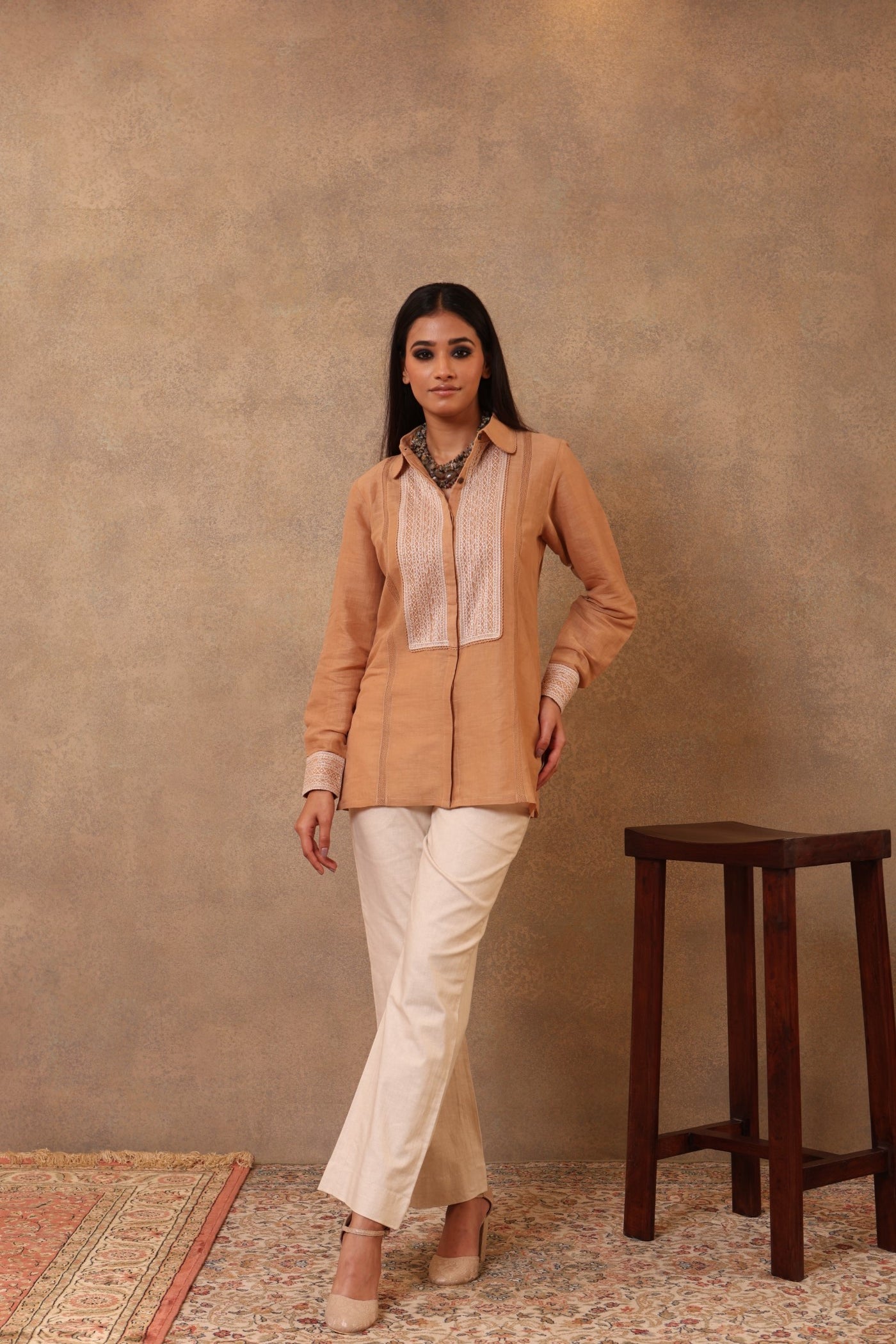Caramel Hand-Embroidered Pure Linen-Cotton Collared Front-Open Blouse Finished With Cotton Laces