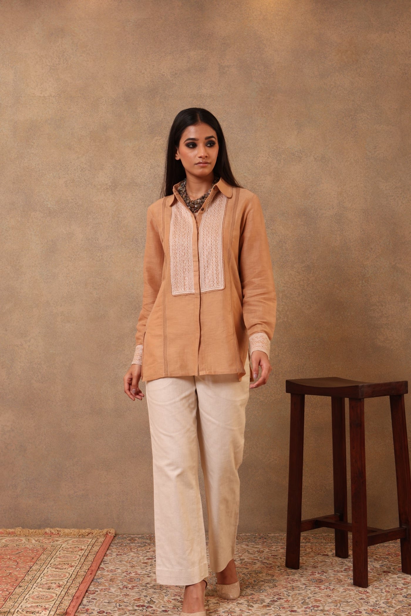 Caramel Hand-Embroidered Pure Linen-Cotton Collared Front-Open Blouse Finished With Cotton Laces