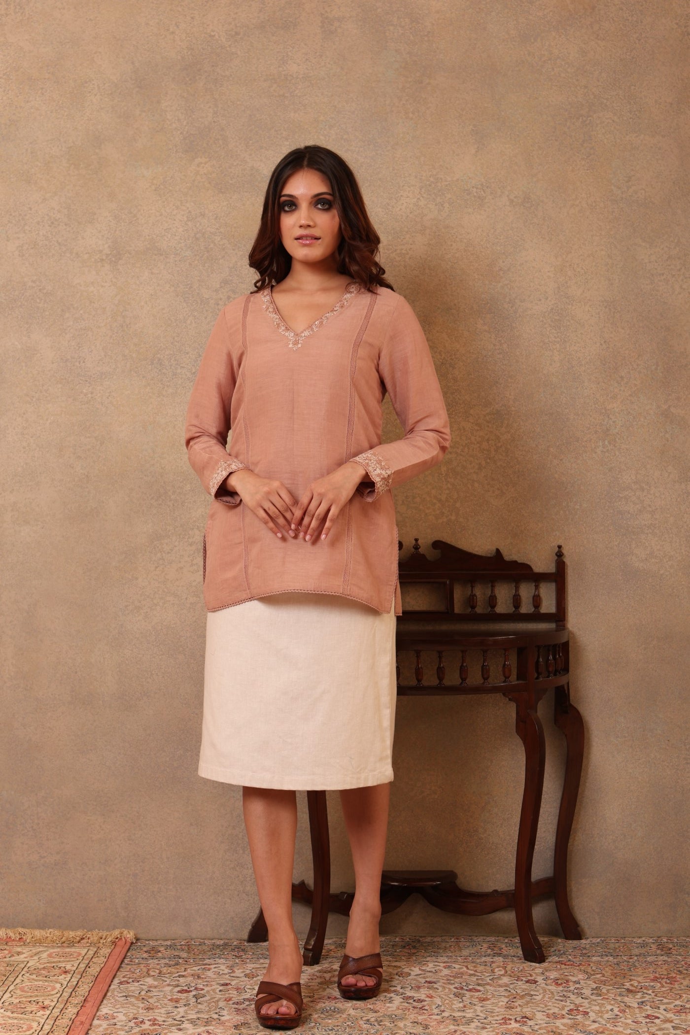 Evening-Sand Hand-Embroidered Handloom Pure Linen-Cotton Short Blouse With Cotton Laces