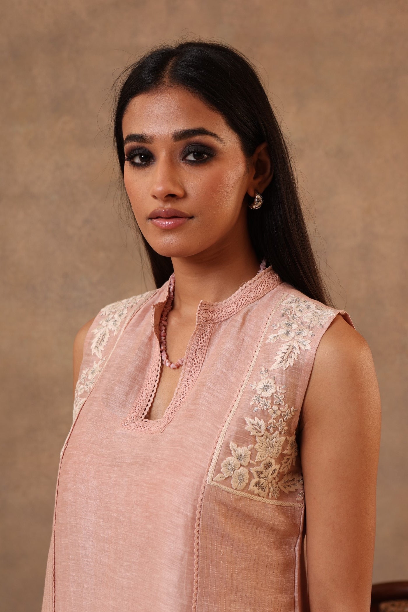 Dusty-Pink Hand-Embroidered Pure Linen-Silk Sleeveless Short Blouse