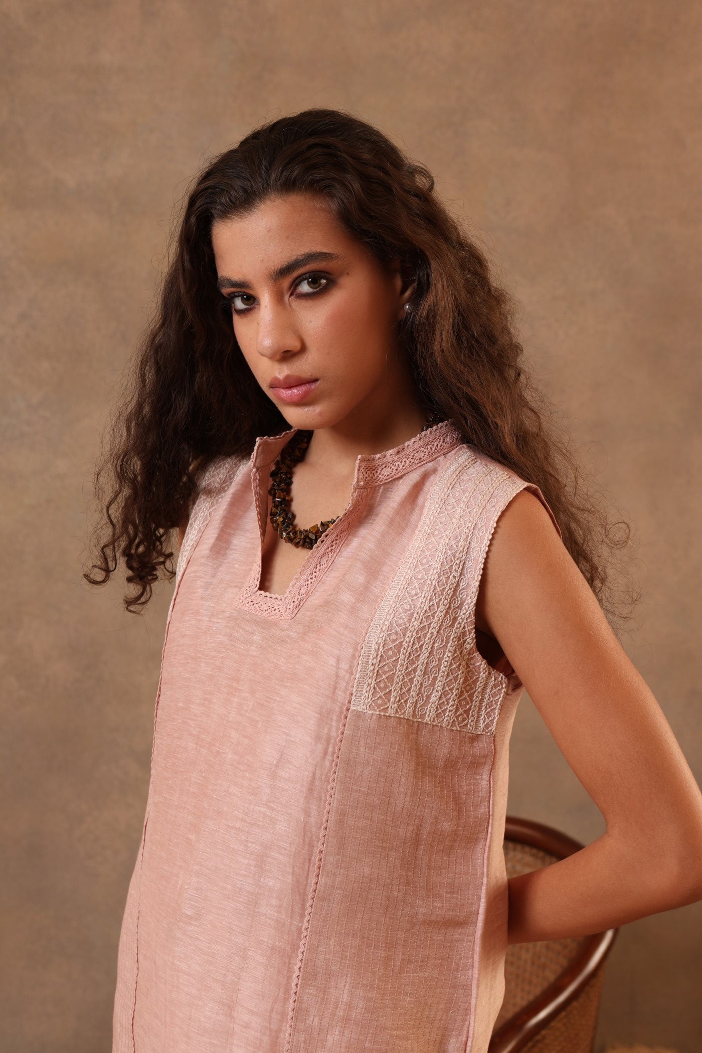 Dusty-Pink Hand-Embroidered (Geometric Design) Pure Linen-Silk Sleeveless Short Blouse