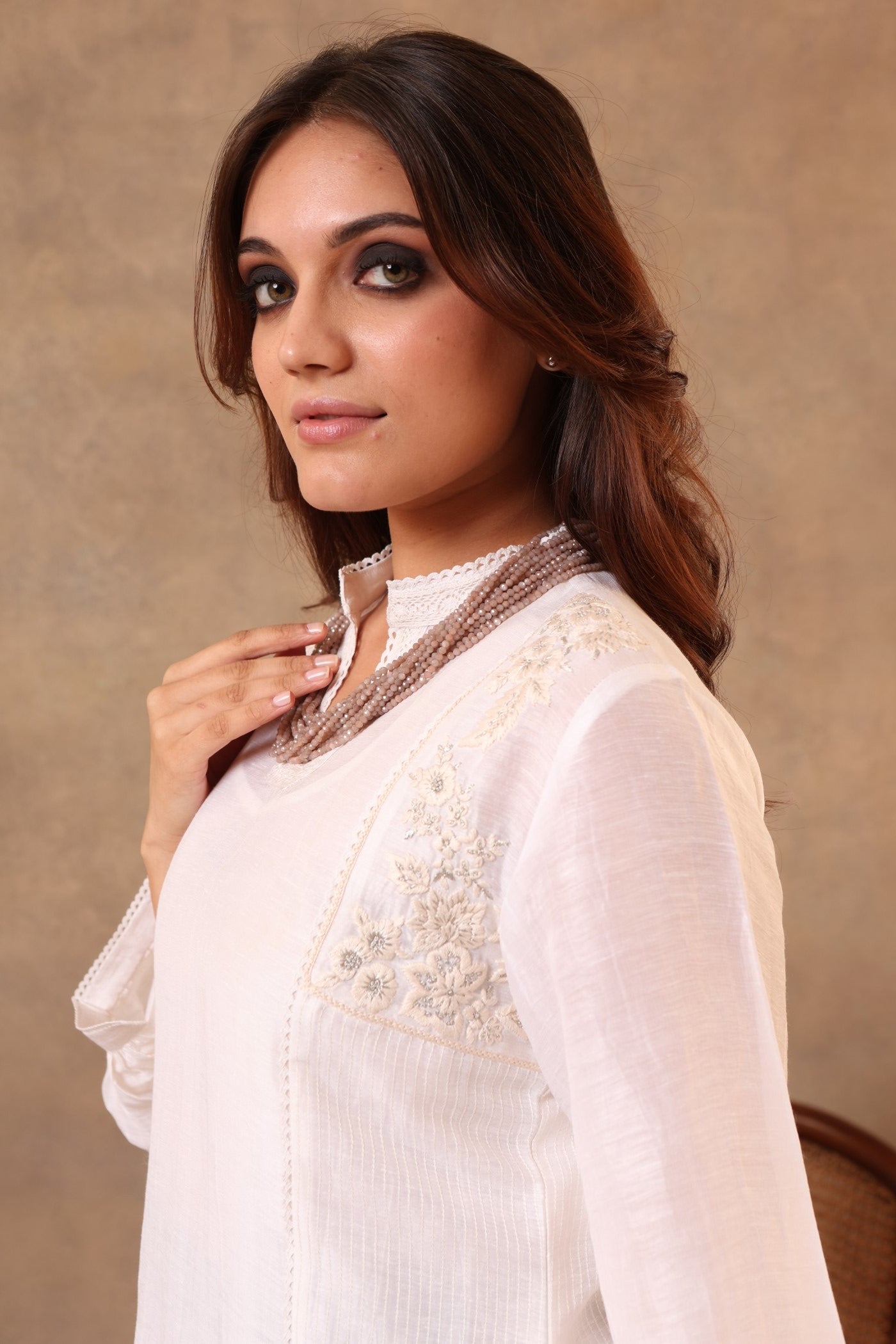 Ivory Hand-Embroidered (Geometric Design) Pure Linen-Silk Short Blouse