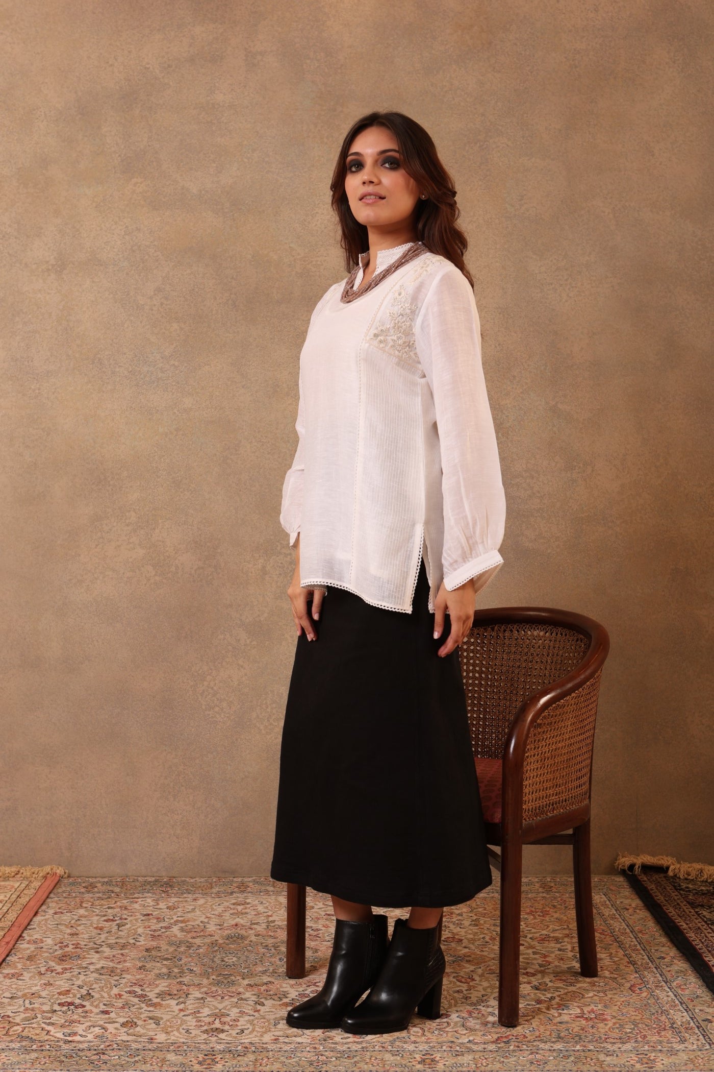 Ivory Hand-Embroidered (Geometric Design) Pure Linen-Silk Short Blouse