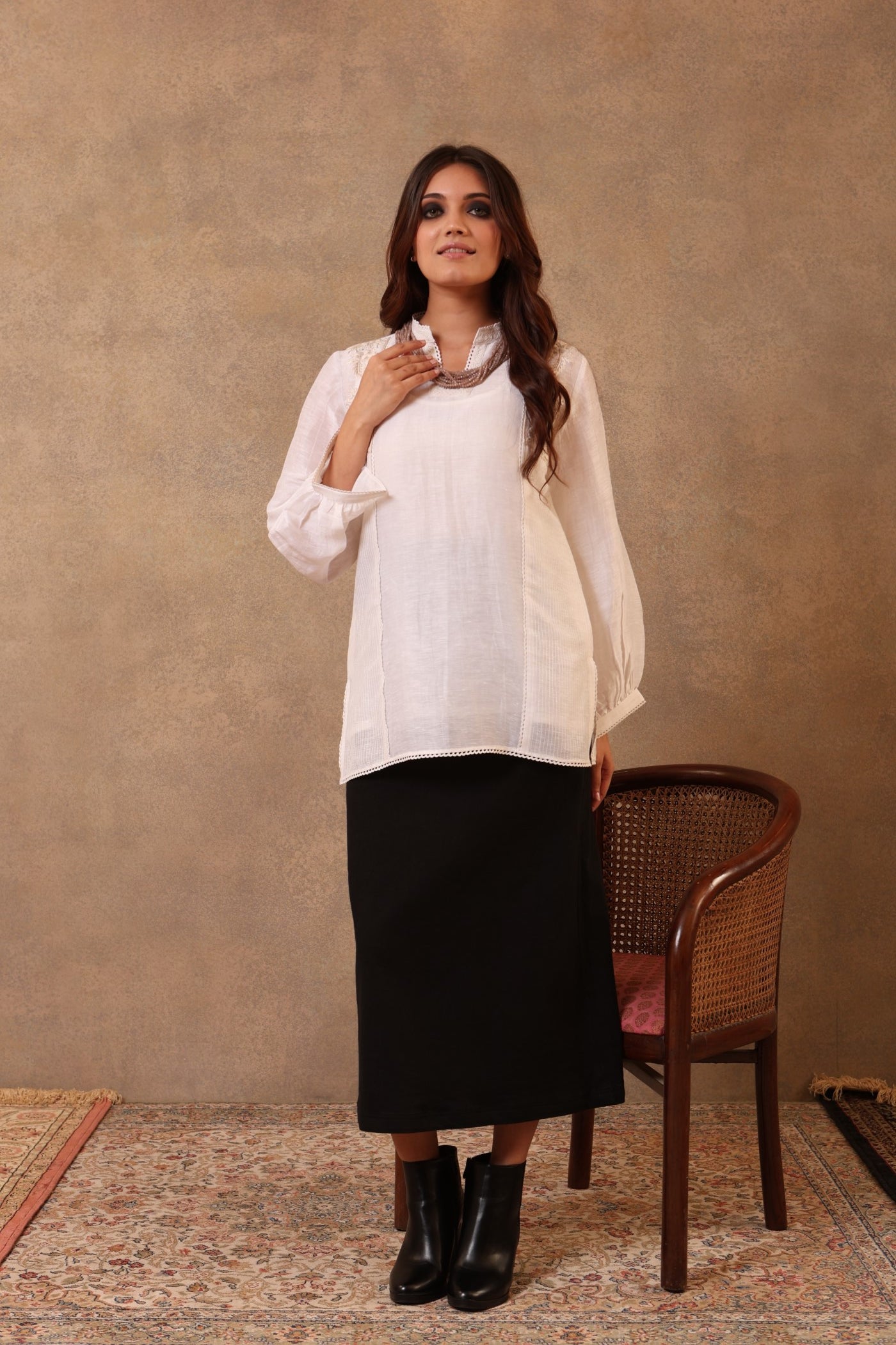 Ivory Hand-Embroidered (Geometric Design) Pure Linen-Silk Short Blouse