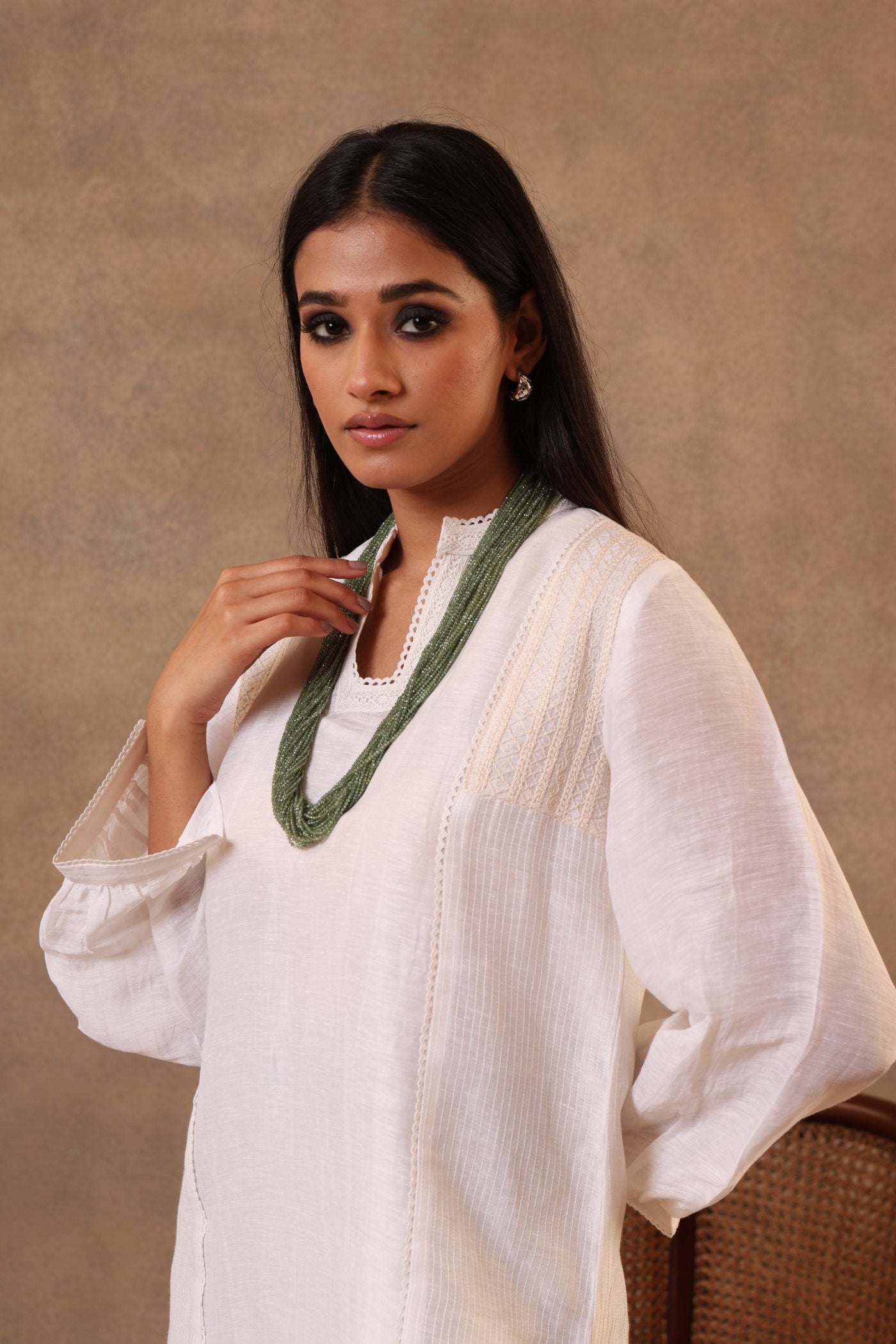 Ivory Hand-Embroidered (Geometric Design) Pure Linen-Silk Short Blouse