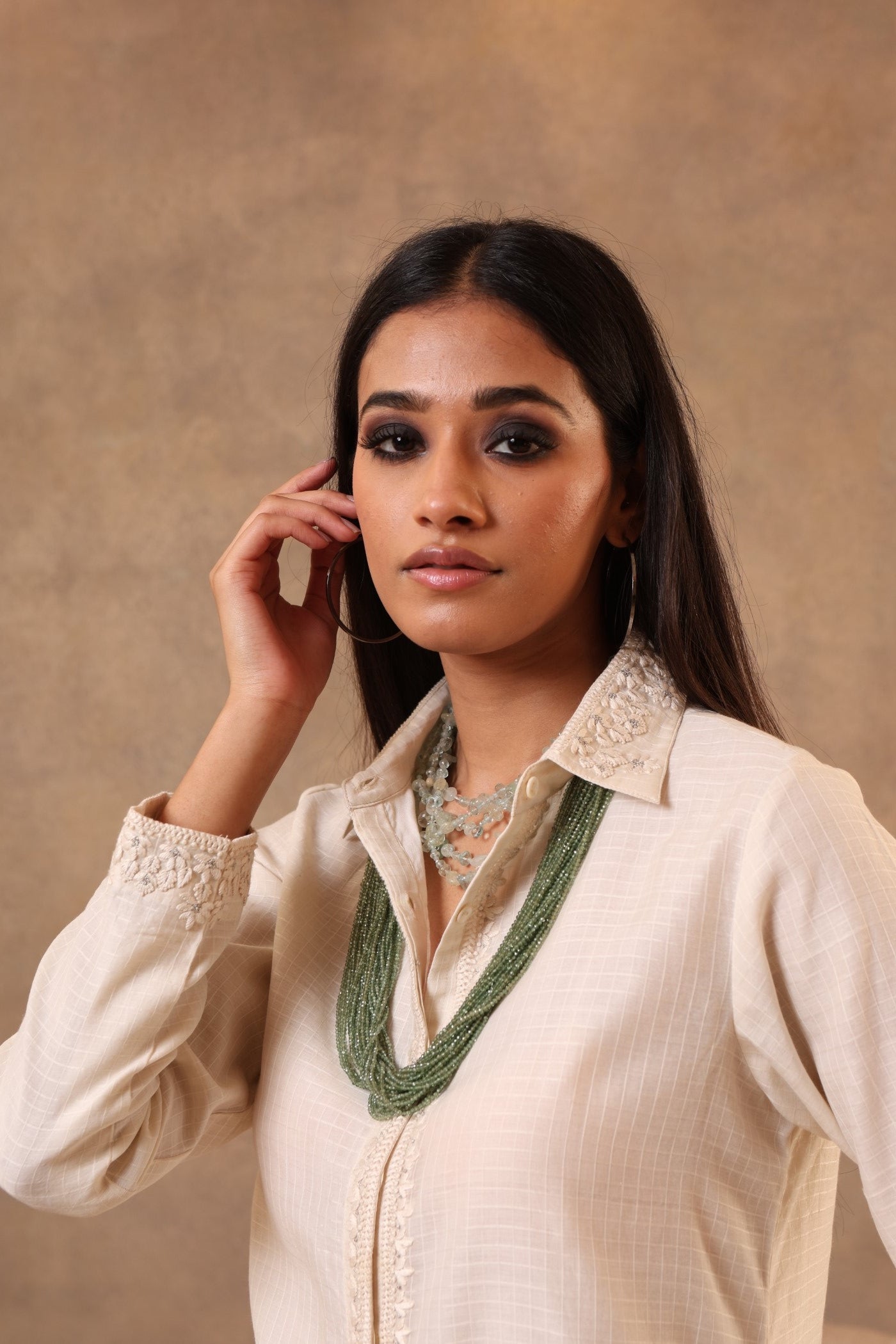 Light-Beige Hand-Embroidered Handloom Pure Cotton (Self-Checks) Collared Short Blouse