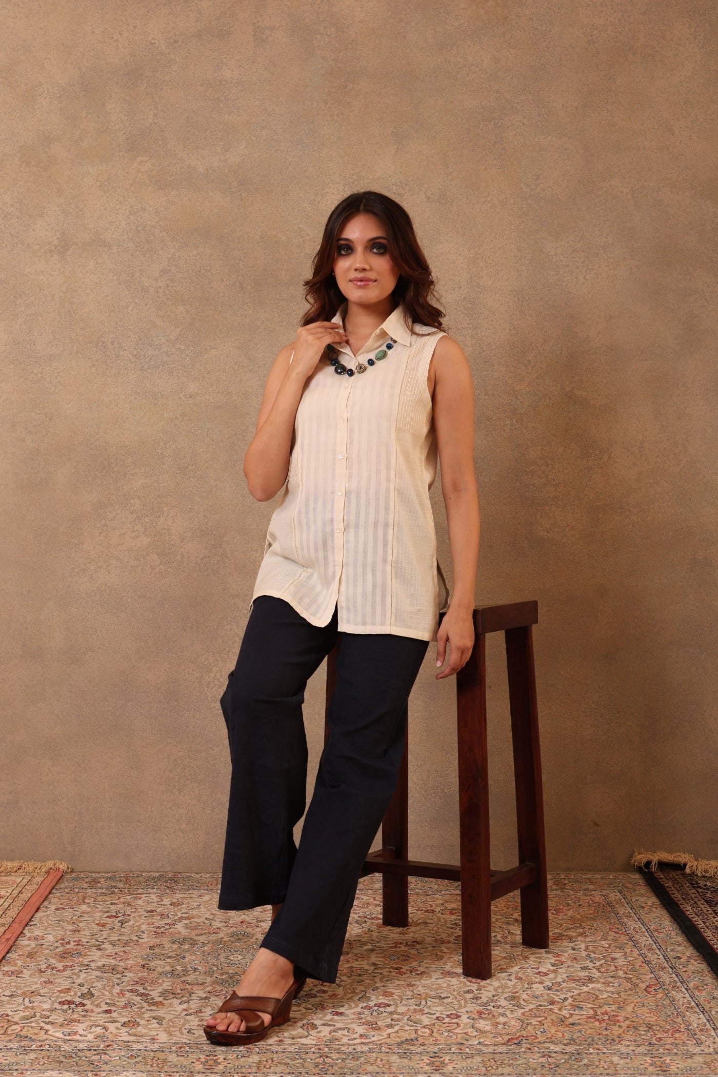 Light-Beige Handloom Pure Cotton (Self-Checks & Stripes) Sleeveless Collared Short Blouse With Threadwork Detail