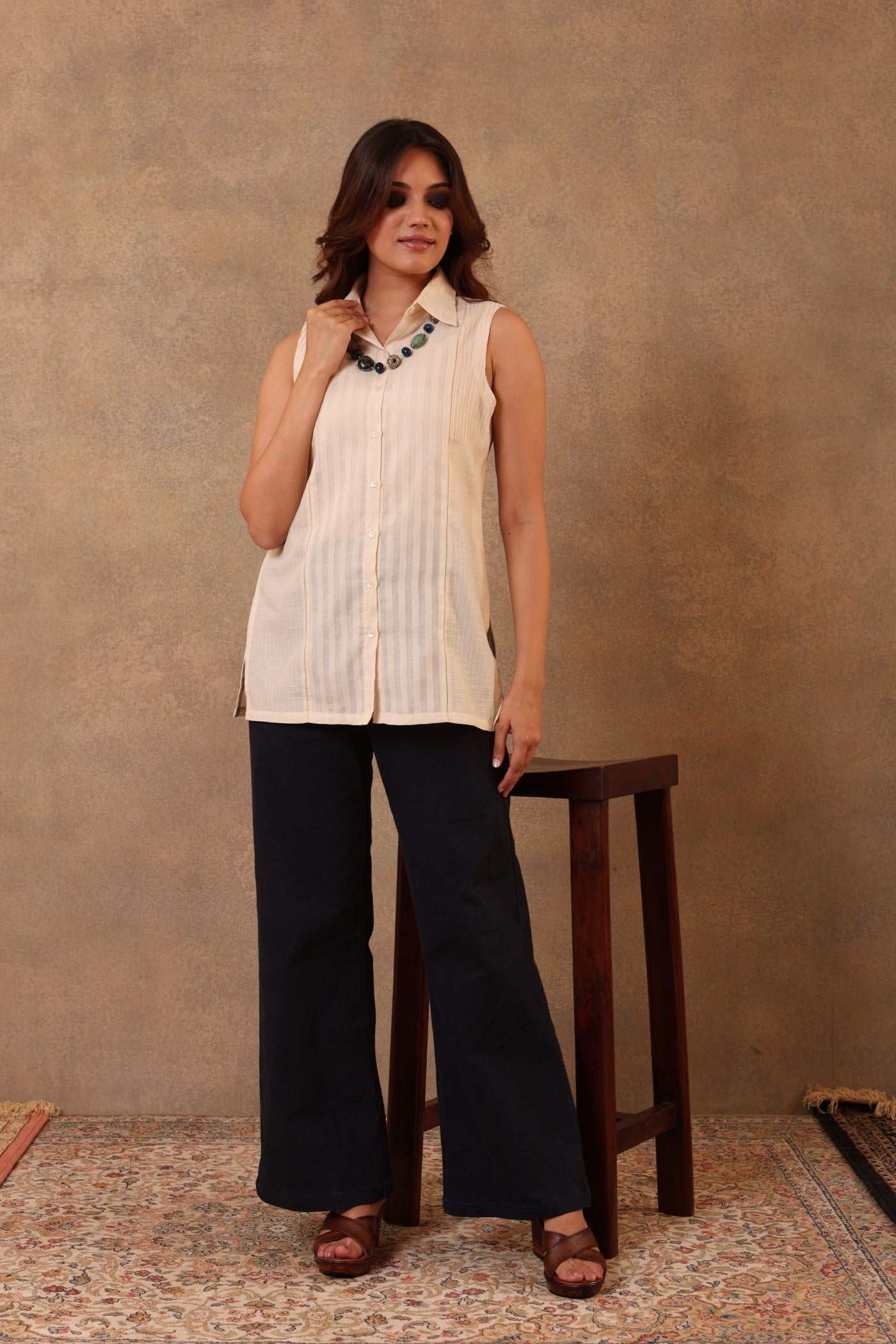 Light-Beige Handloom Pure Cotton (Self-Checks & Stripes) Sleeveless Collared Short Blouse With Threadwork Detail