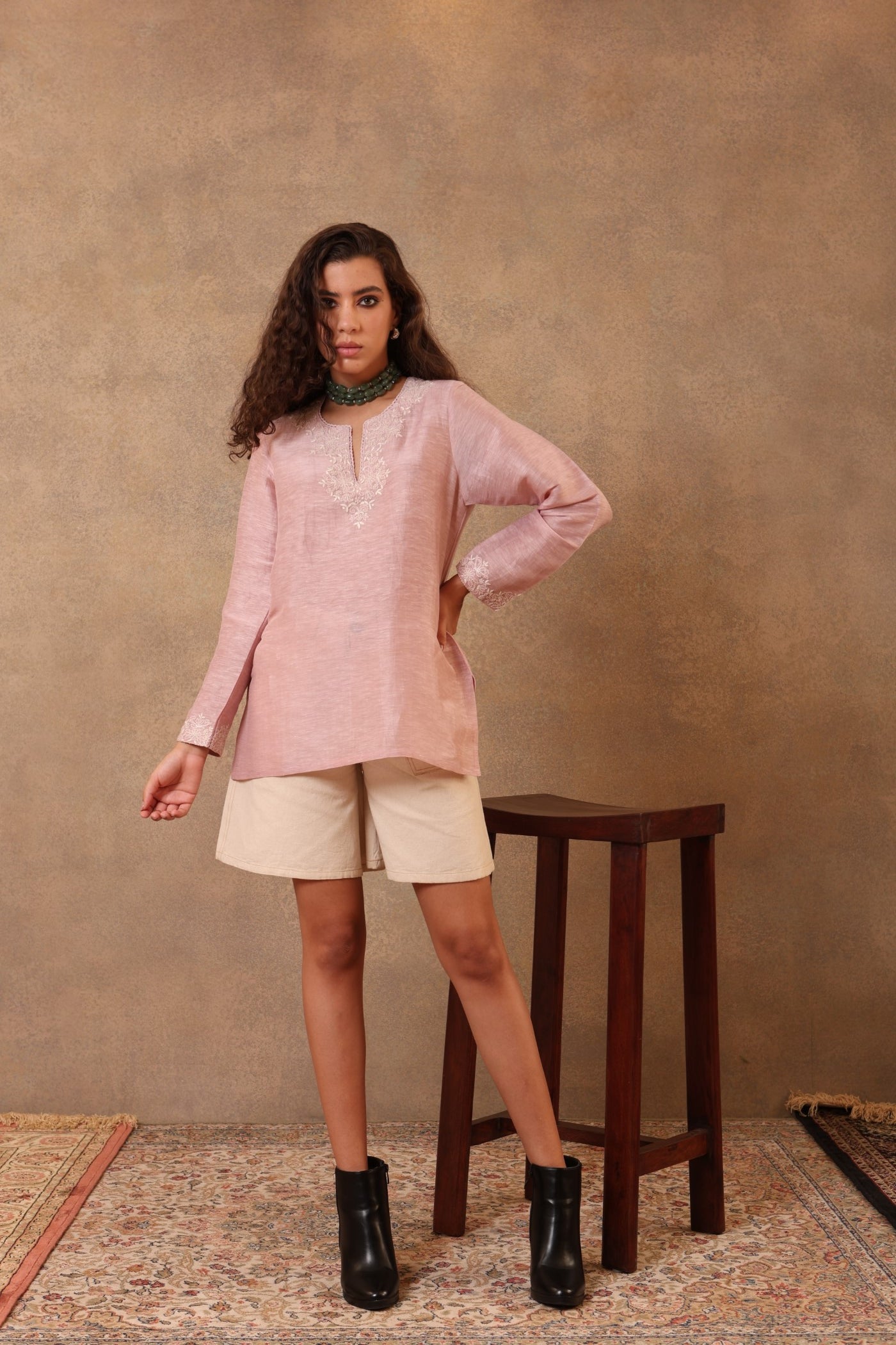 Dusty-Pink Hand-Embroidered Handloom Pure Linen-Silk Short Blouse