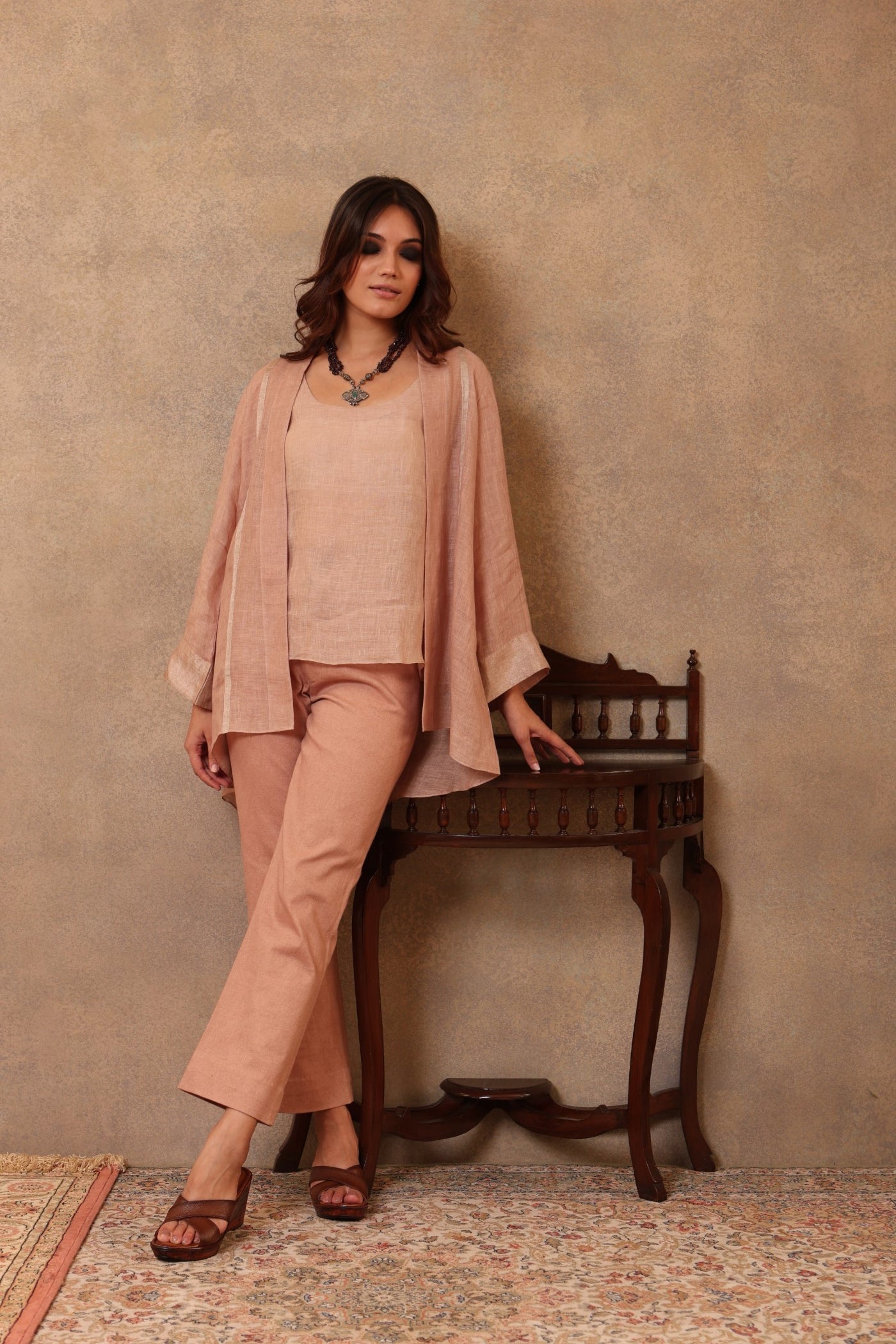 Pink-Sand Handloom Pure Linen Open-Style Short Blouse With An Inner