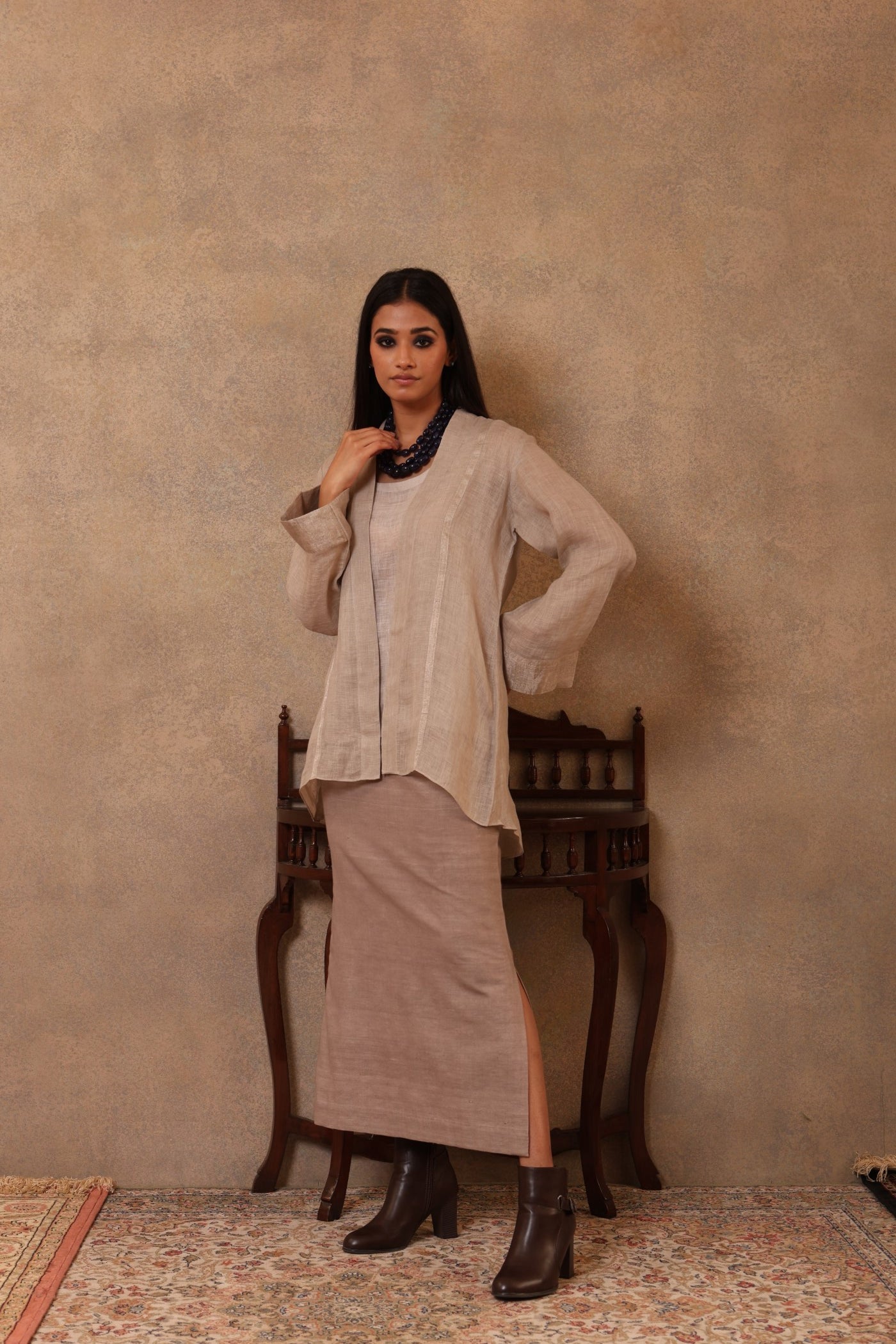 Grey Handloom Pure Linen Open-Style Short Blouse With An Inner