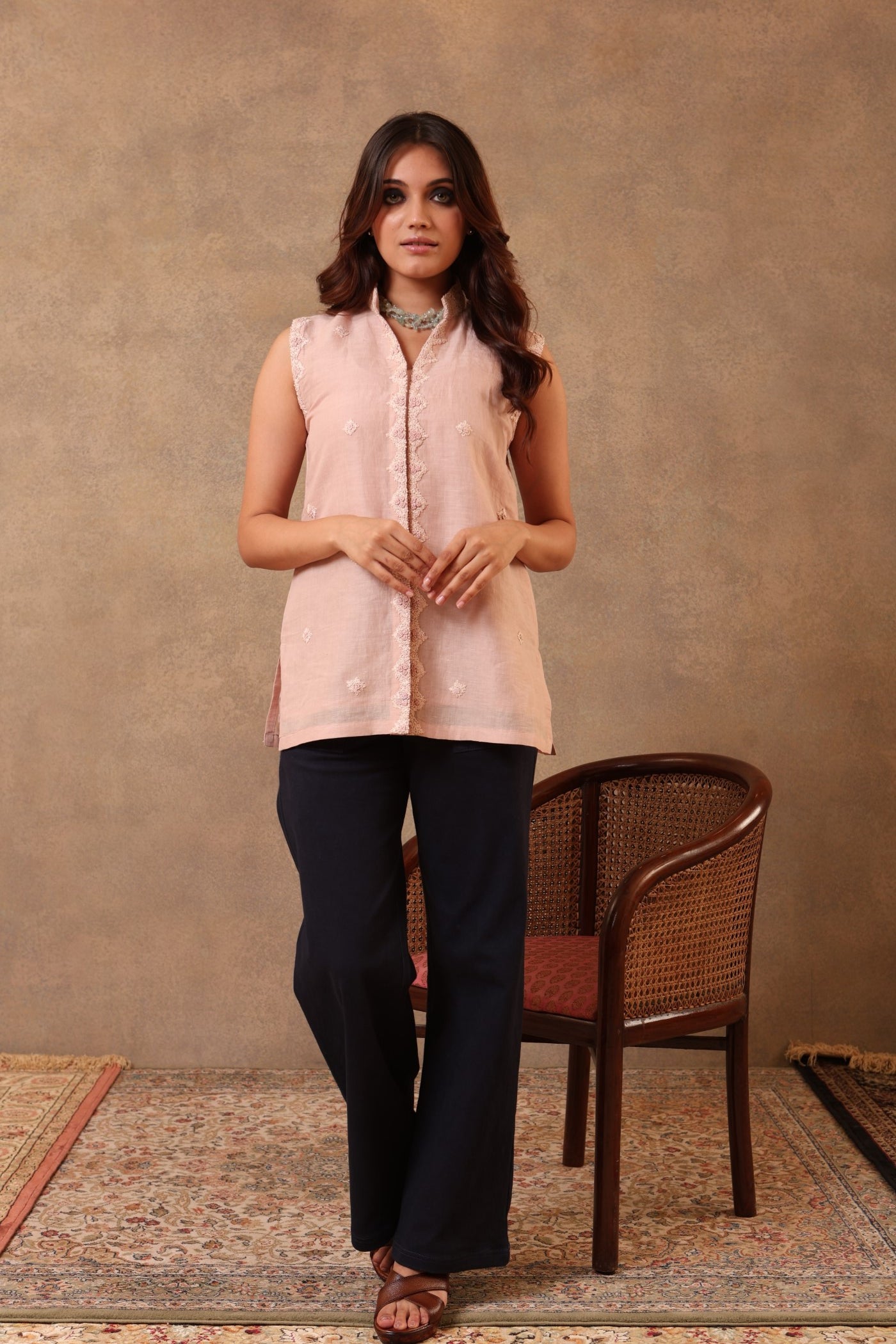 Dusty-Pink Hand-Embroidered Handloom Pure Linen-Cotton Collared Short Blouse
