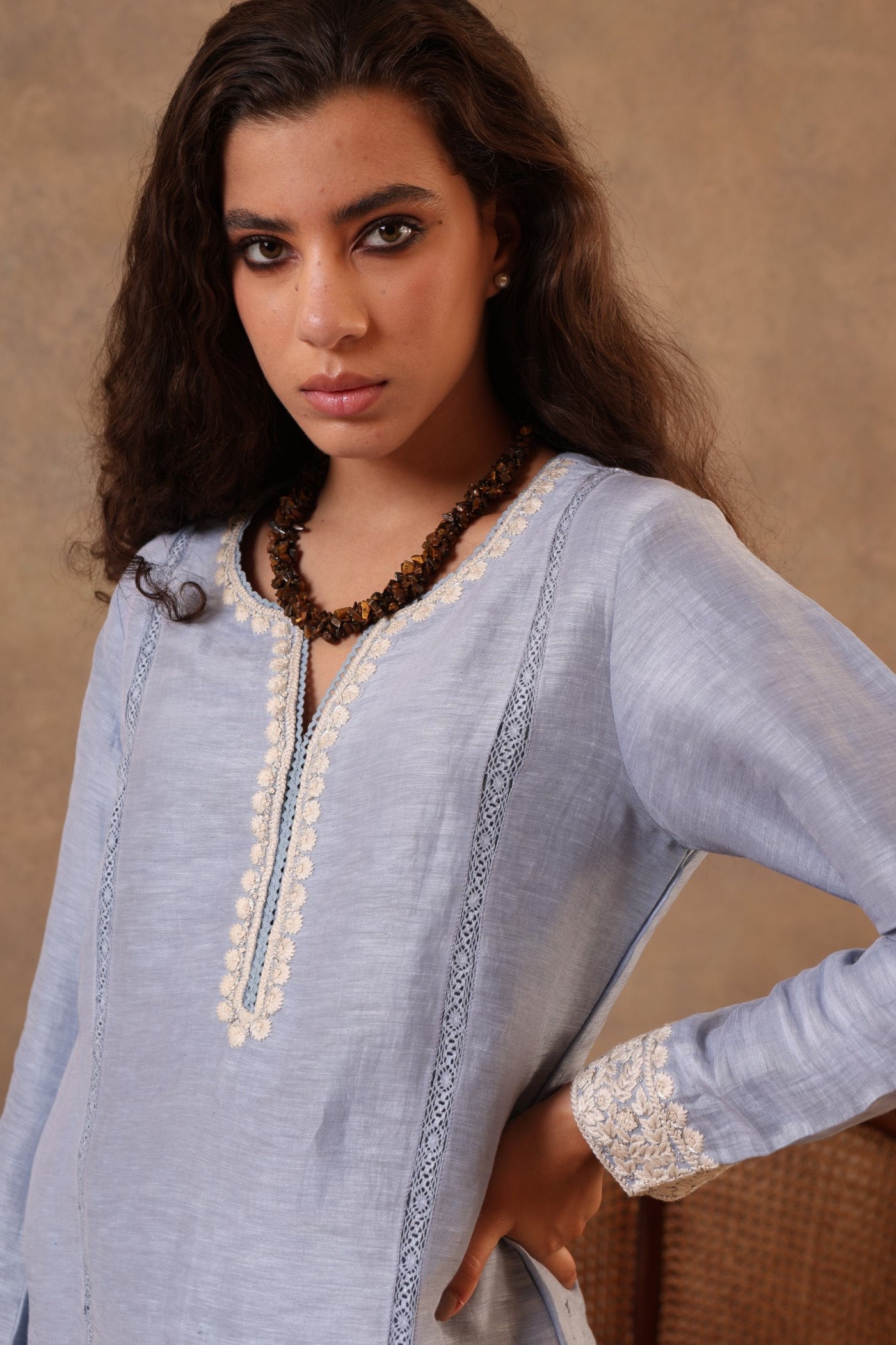 Indigo-Blue Hand-Embroidered Pure Linen-Silk Short Blouse