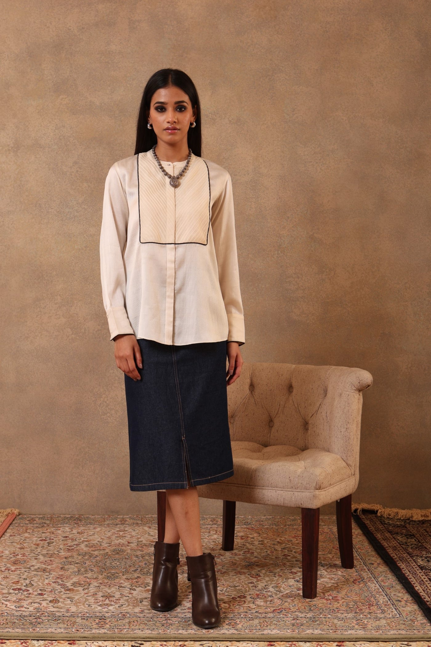 Ivory Pure Silk (Twill Weave) Short Blouse With Pintucked Yoke