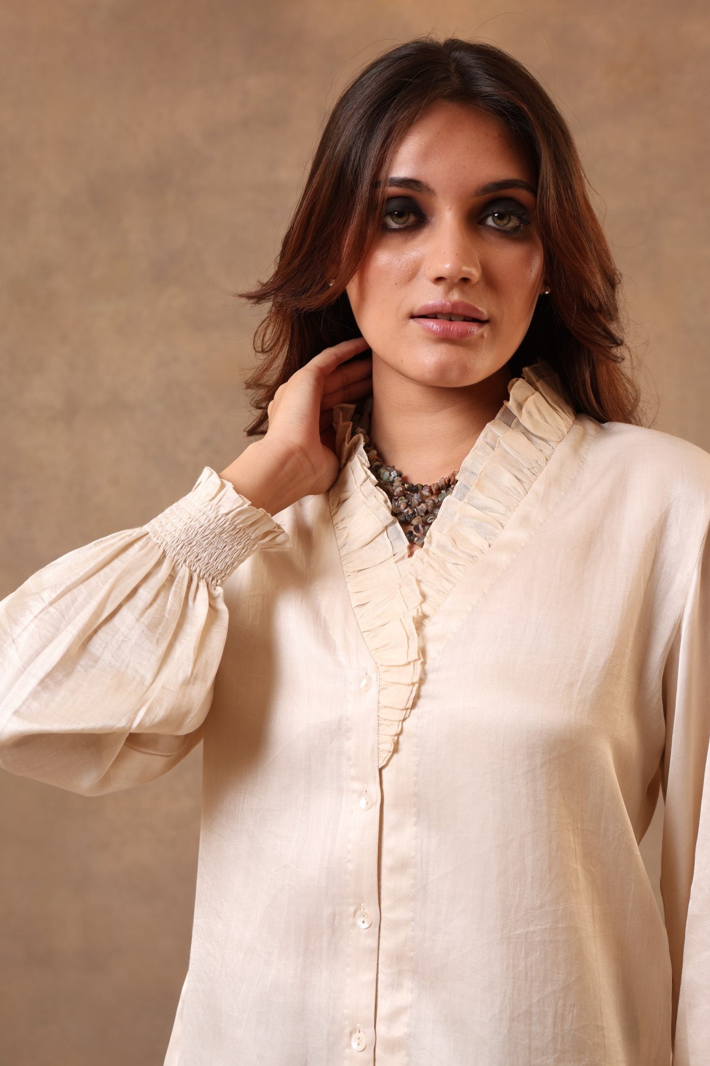 Off-White Handloom Pure Mashru (Silk-Cotton) Frilled Collared Classic Short Blouse