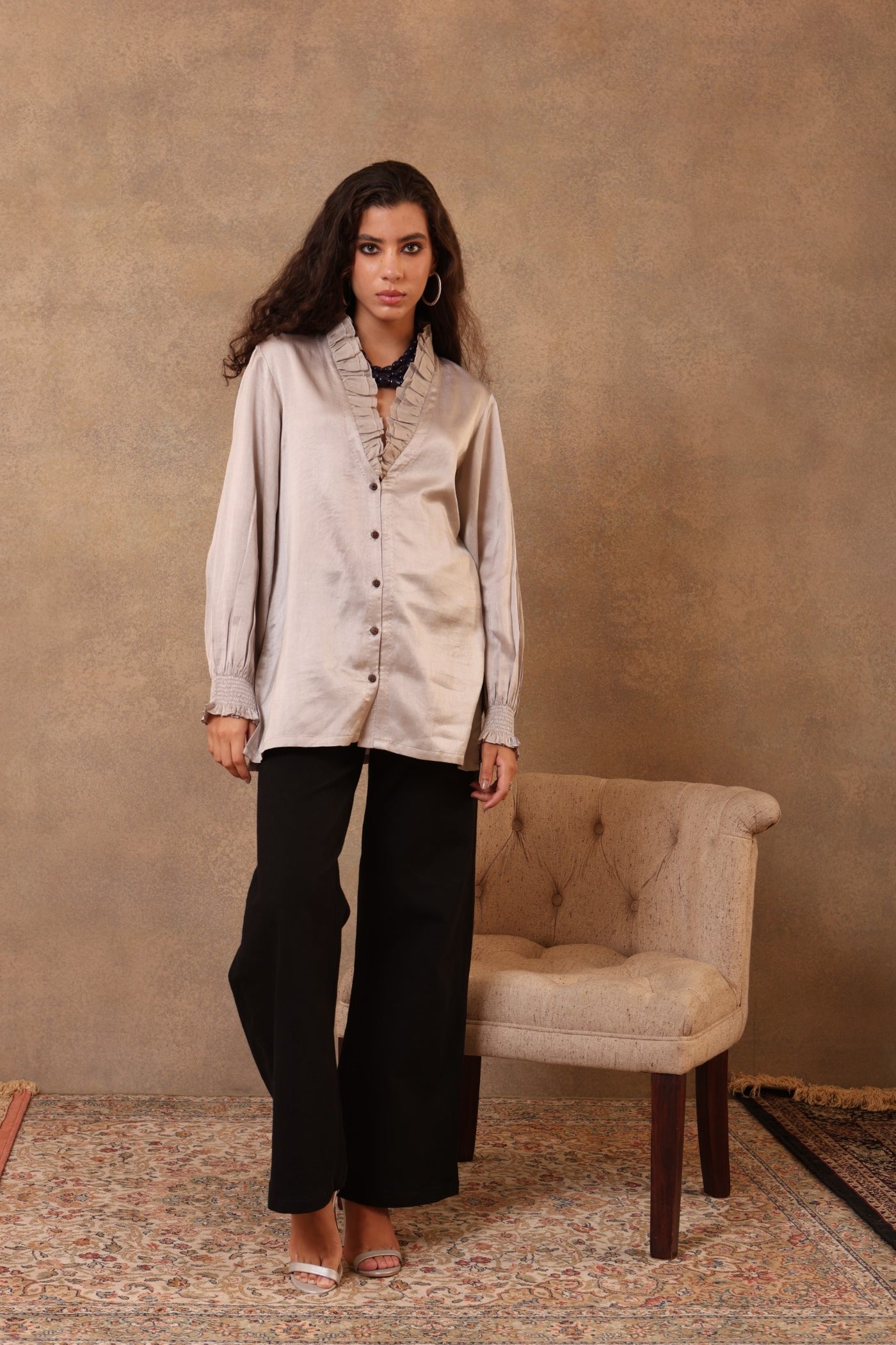 Light-Grey Handloom Pure Mashru (Silk-Cotton) Frilled Collared Classic Short Blouse