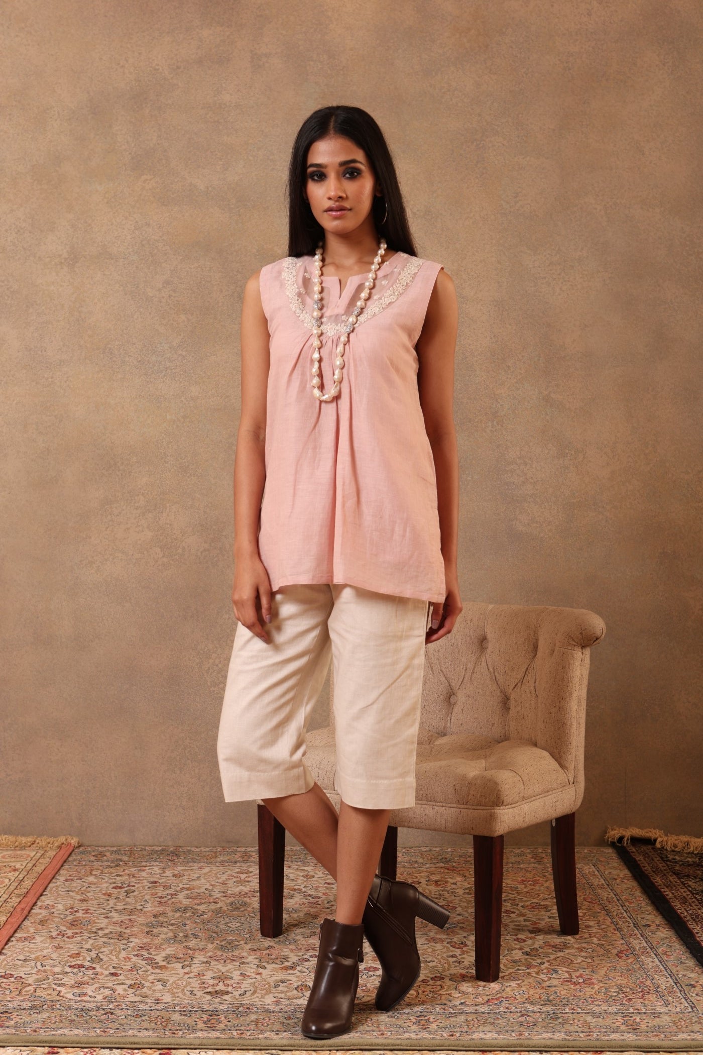 Dusty-Pink Hand-Embroidered Pure Linen-Cotton Sleeveless Short Blouse