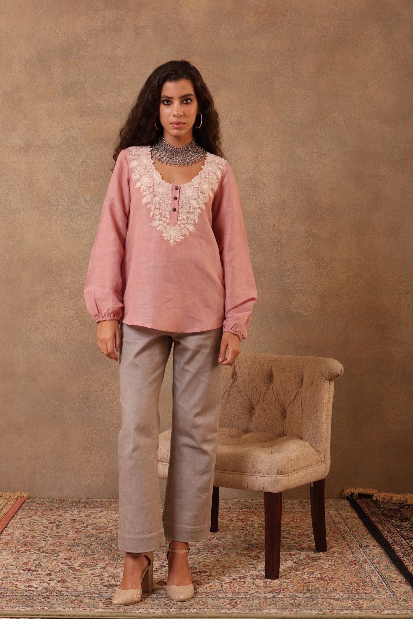 Dusty-Pink Hand-Embroidered (Cutwork) Pure Linen-Cotton Short Blouse With Scalloped Neckline