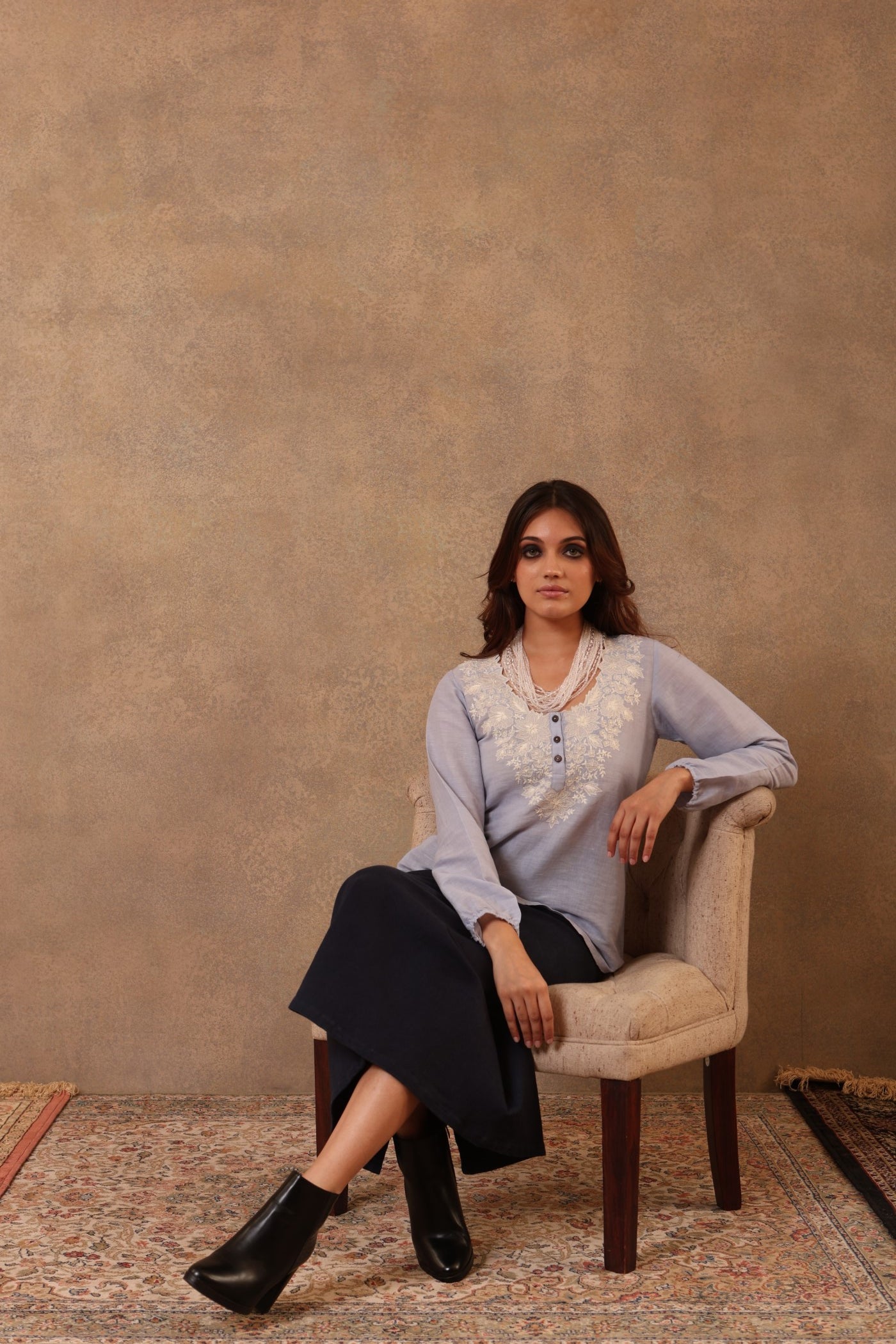 Forever-Blue Hand-Embroidered (Cutwork) Pure Linen-Cotton Short Blouse With Scalloped Neckline