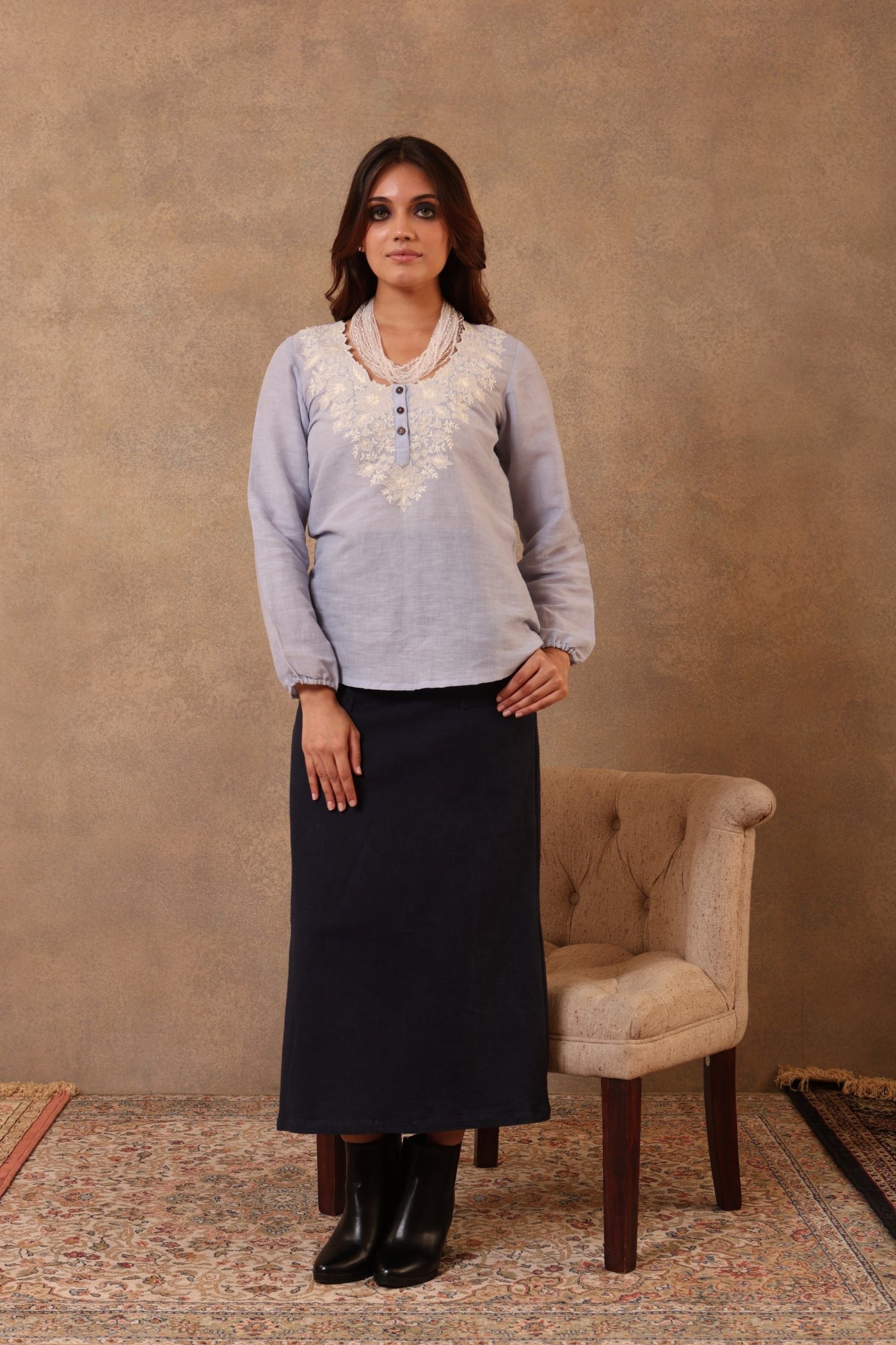 Forever-Blue Hand-Embroidered (Cutwork) Pure Linen-Cotton Short Blouse With Scalloped Neckline