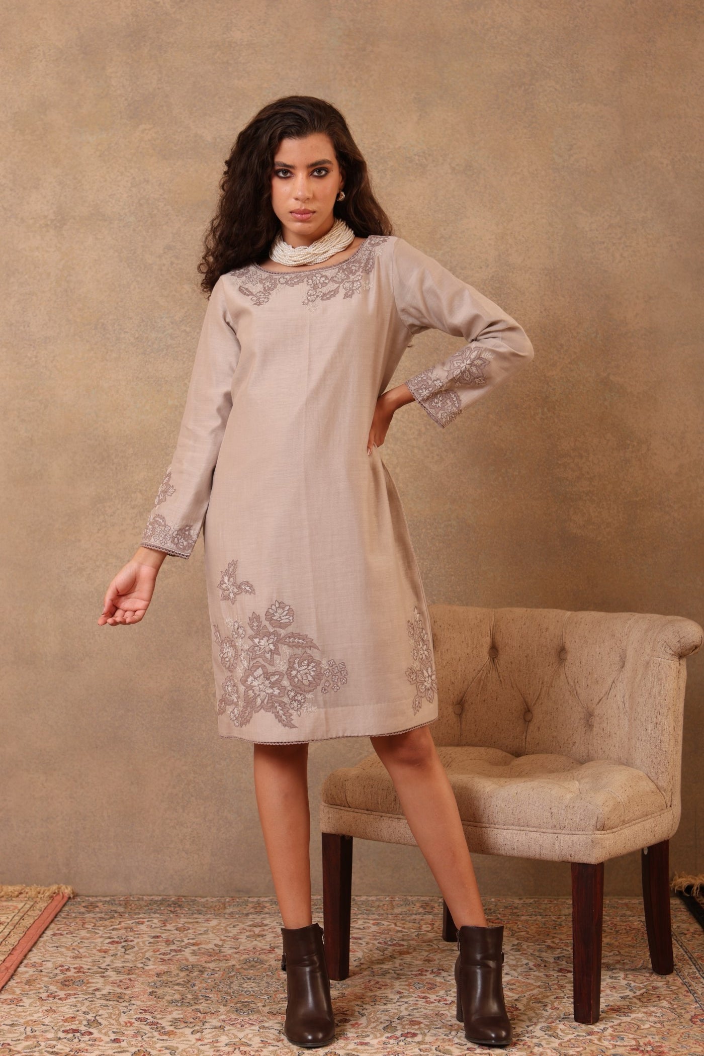 Grey Hand-Embroidered Pure Cotton-Silk Short Dress