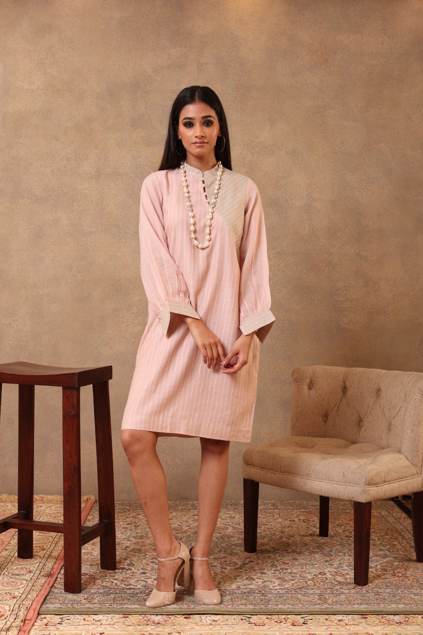 Pink & Grey Handloom Pure Mulberry-Eri Silk Short Dress