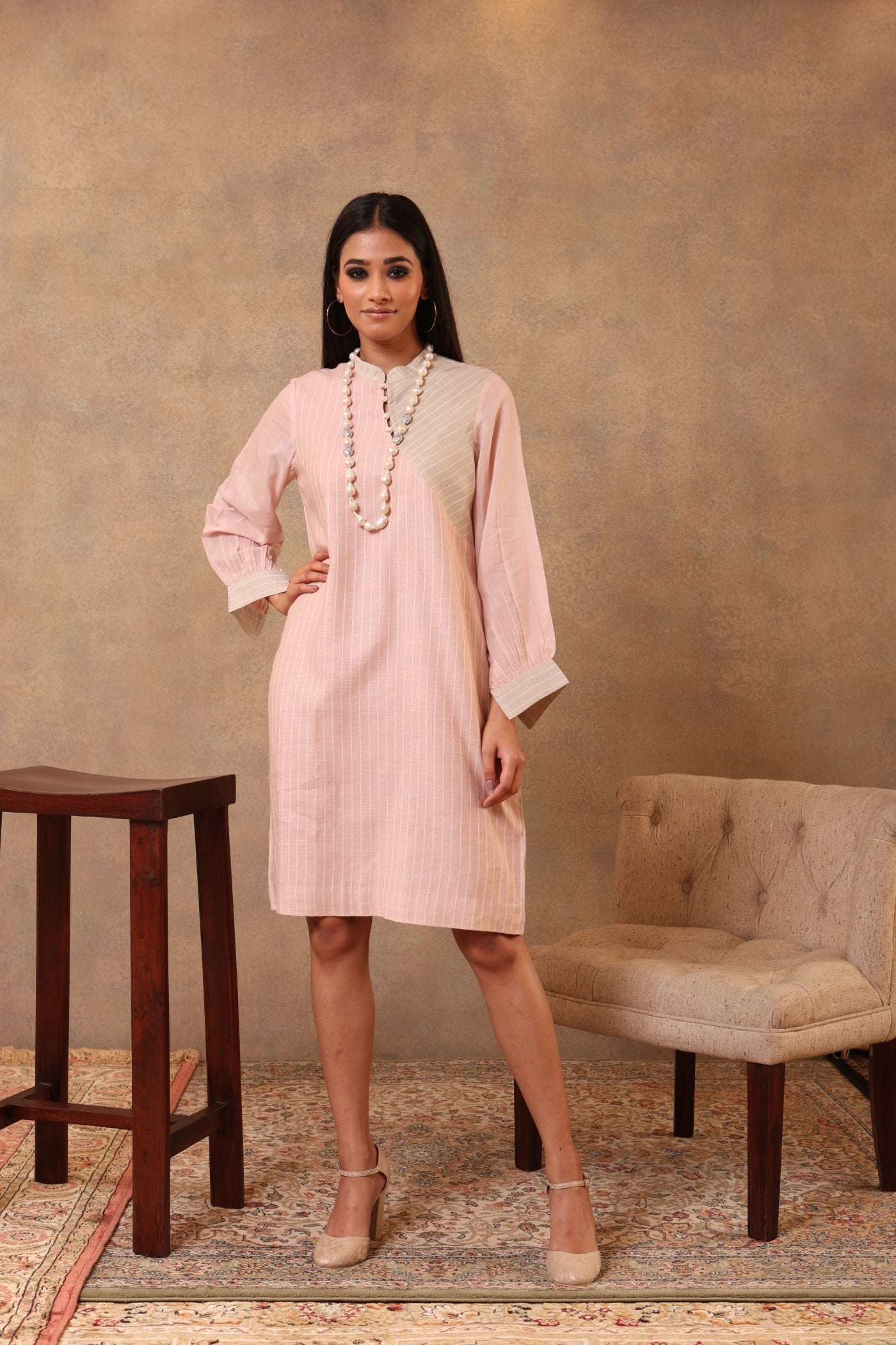 Pink & Grey Handloom Pure Mulberry-Eri Silk Short Dress