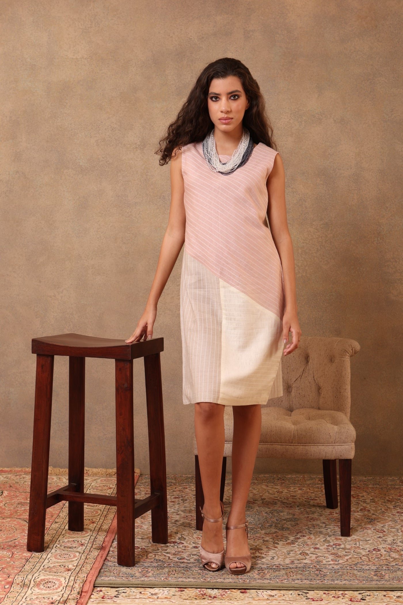 Pink-Grey-Off-White Handloom Pure Mulberry-Eri Silk Sleeveless Short Dress