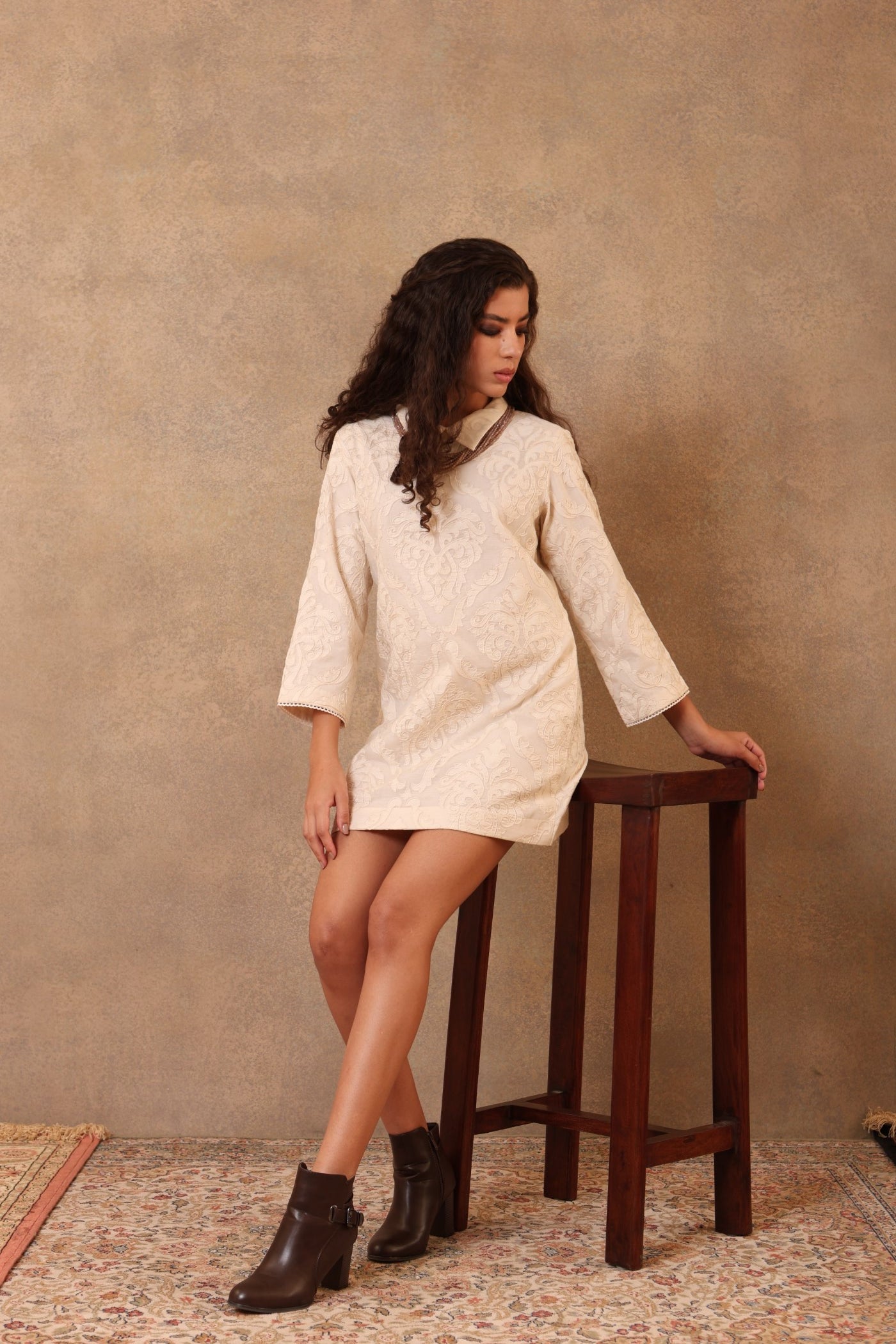 Ivory Hand-Embroidered Pure Silk-Cotton (Cutwork) Collared Short Dress