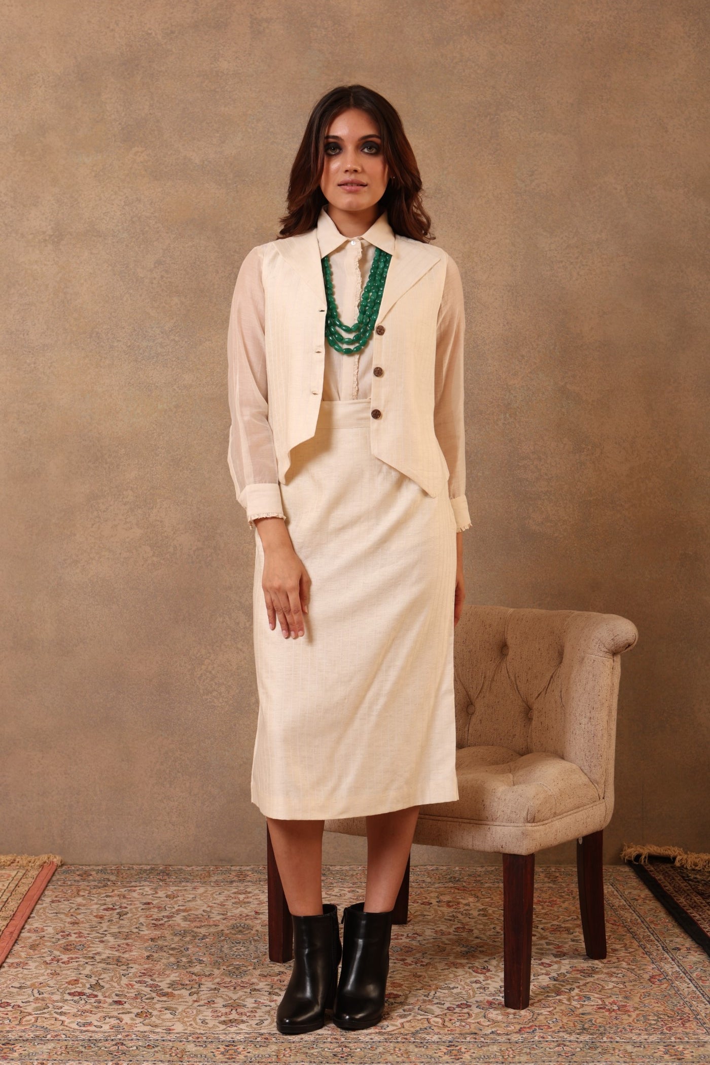 Off-White Handloom Pure Mulberry-Eri Silk (Striped) Skirt