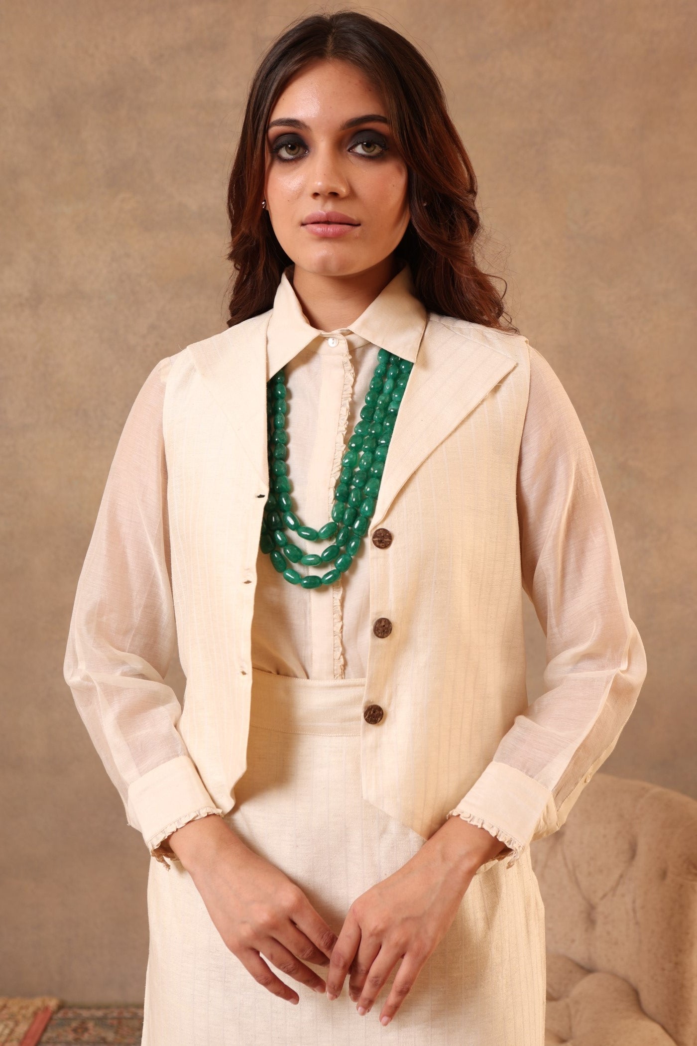 Off-White Handloom Pure Mulberry-Eri Silk (Striped) Collared Waistcoat