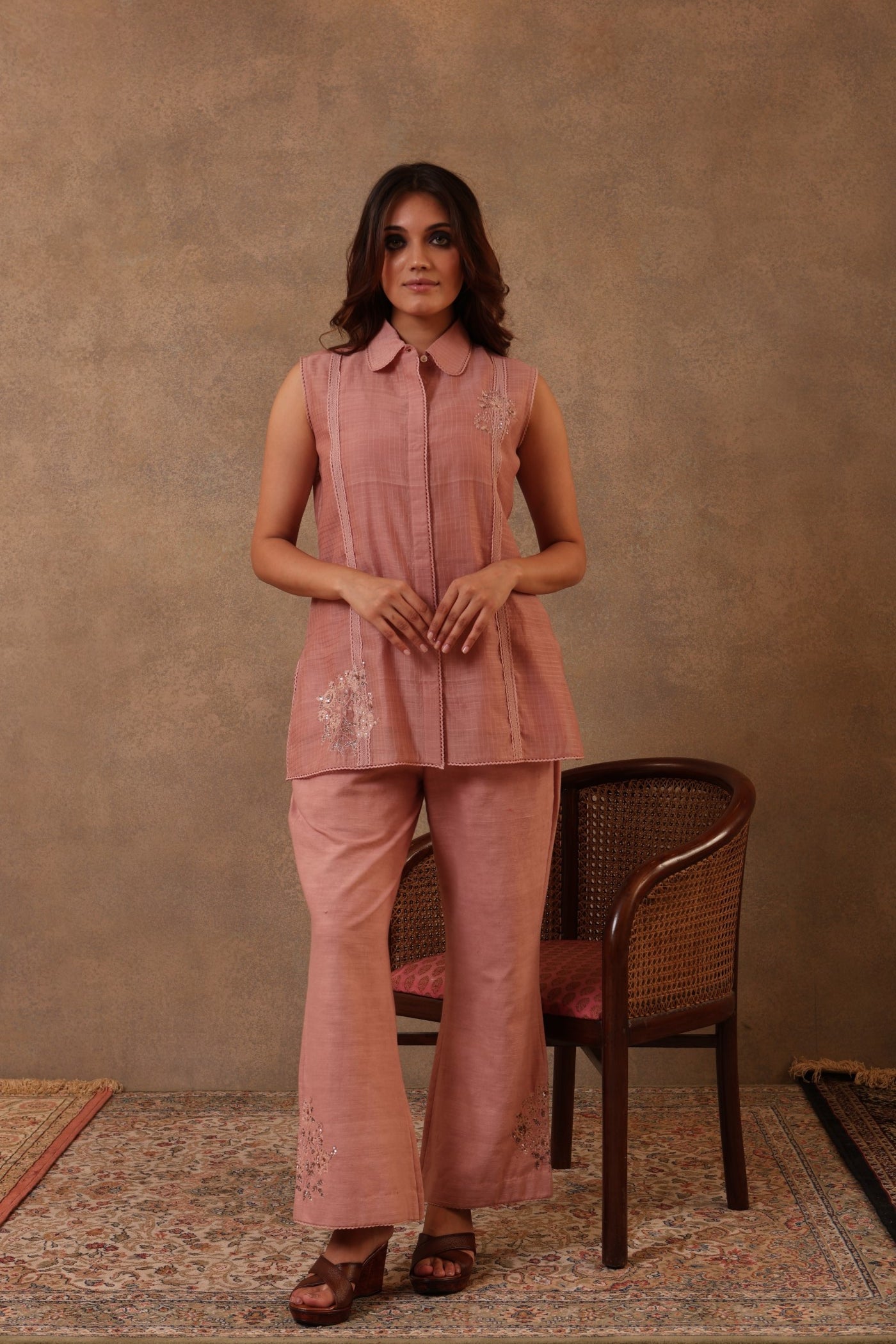 Dusty-Pink Hand-Embroidered Co-Ord Set: Pure Cotton Collared & Sleeveless Blouse Paired With Pure Cotton Trousers