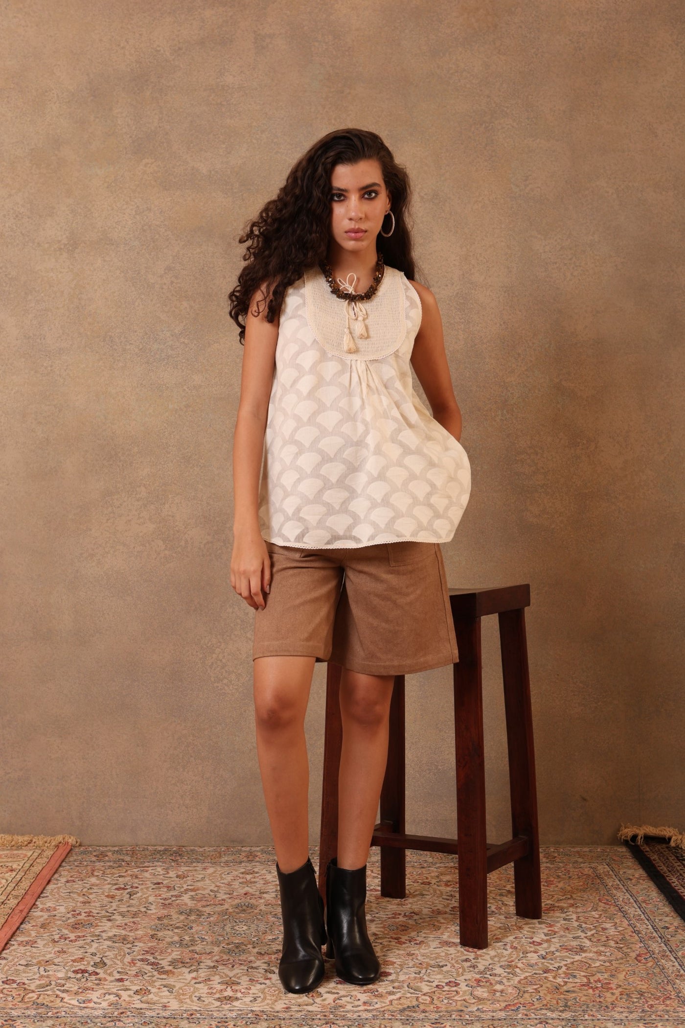 Off-White Pure Silk-Cotton (Cutwork) Short Blouse (Without Sleeves) With Smocking Detail & Hand-Made Tassels