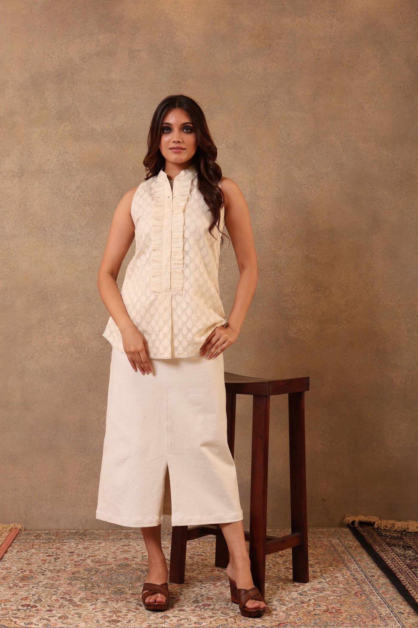 Off-White Pure Silk-Cotton (Cutwork) Short Blouse (Without Sleeves) With Pure Silk-Cotton Frills