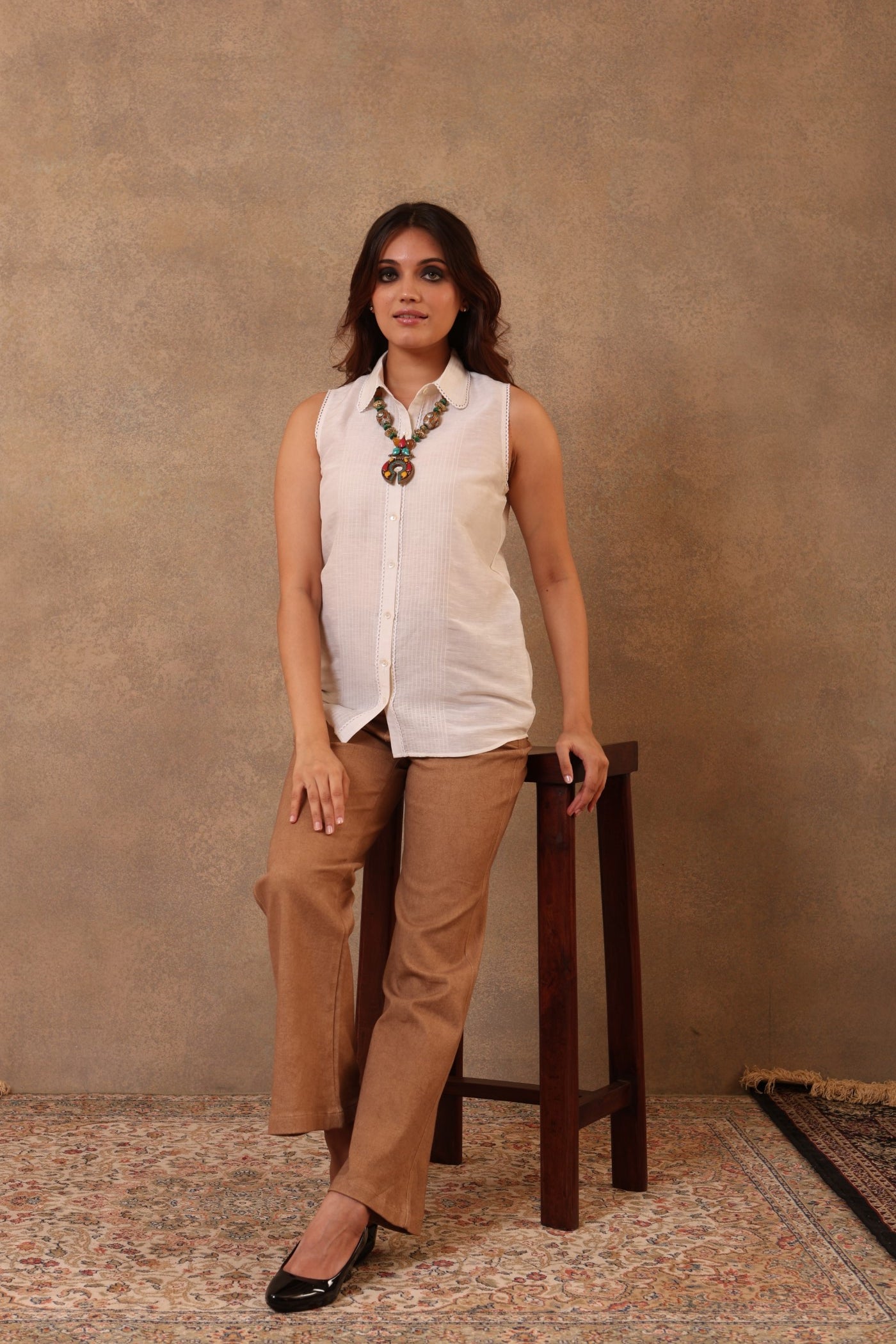 Off-White Pure Silk-Cotton (Cutwork) Short Blouse (Without Sleeves) With Pure Silk-Cotton Frills