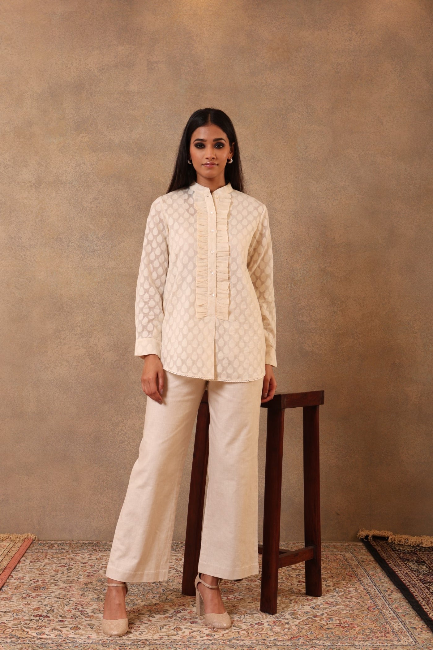 Off-White Pure Silk-Cotton (Cutwork) Short Blouse With Pure Silk-Cotton Frills