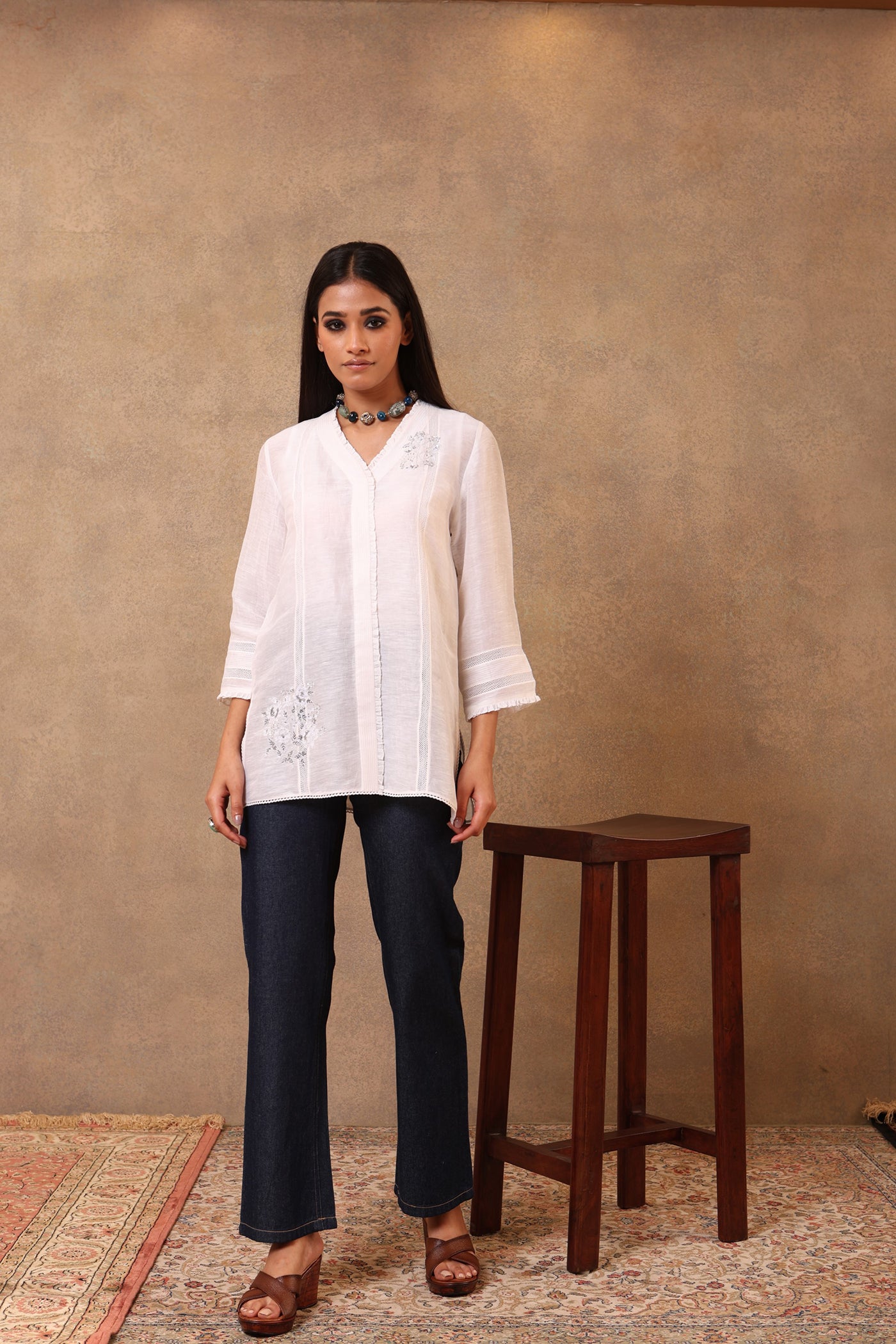 Ivory Hand-Embroidered Pure Silk-Linen Blouse With Threadwork Detail And Pure Cotton Frills
