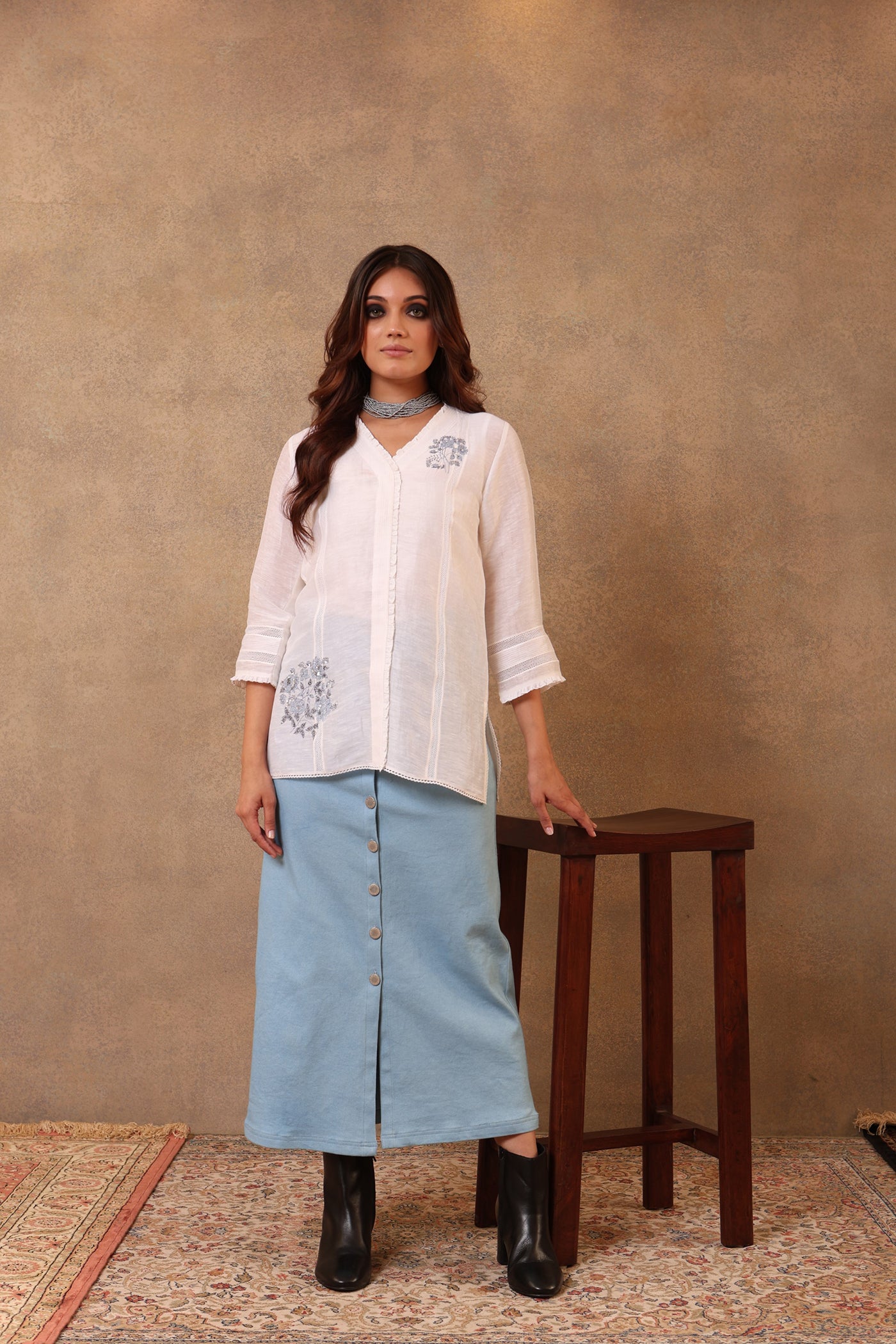 Ivory Hand-Embroidered Pure Silk-Linen Blouse With Threadwork Detail And Pure Cotton Frills