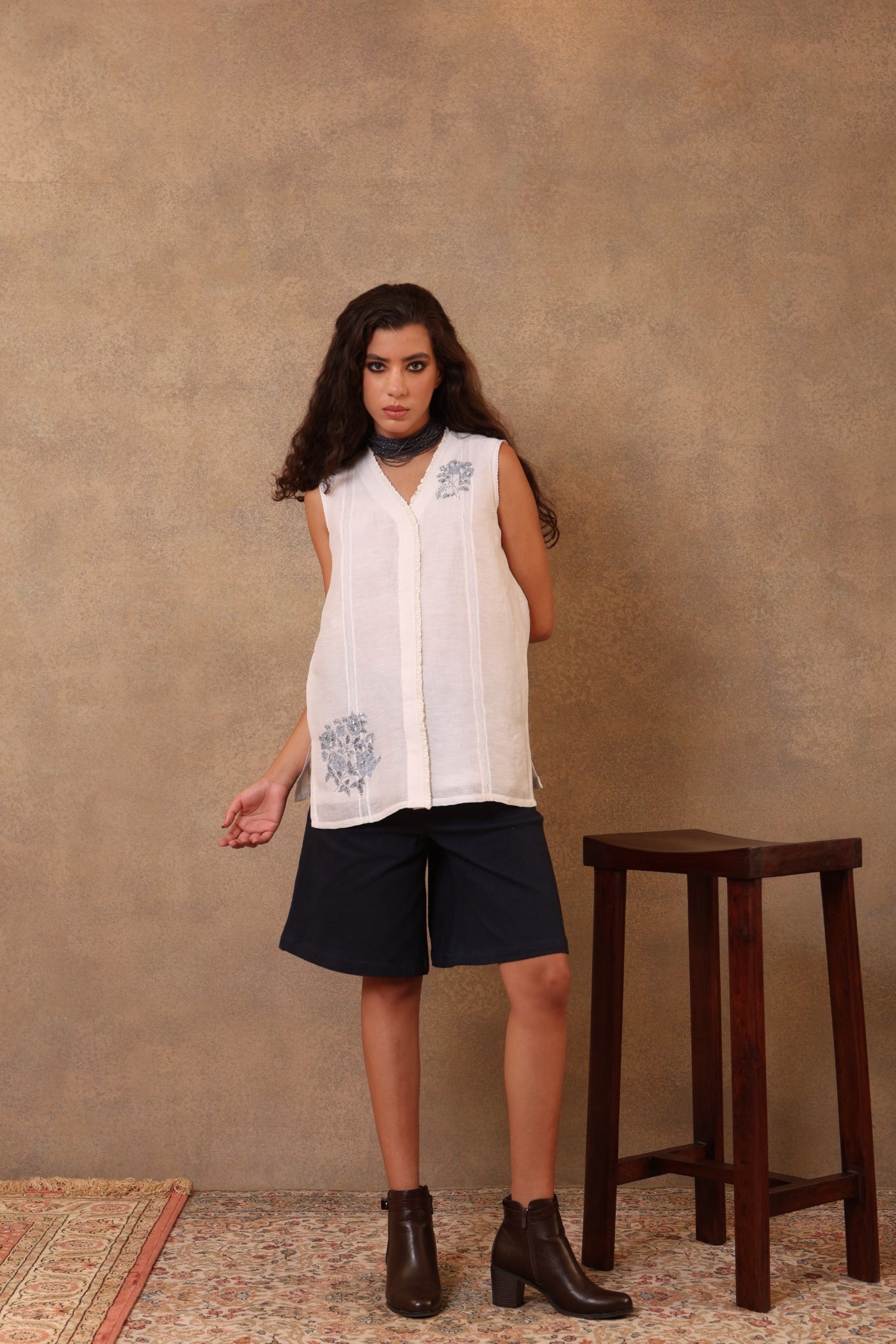 Ivory Hand-Embroidered Pure Silk-Linen Sleeveless Blouse With Threadwork Detail And Pure Cotton Frills