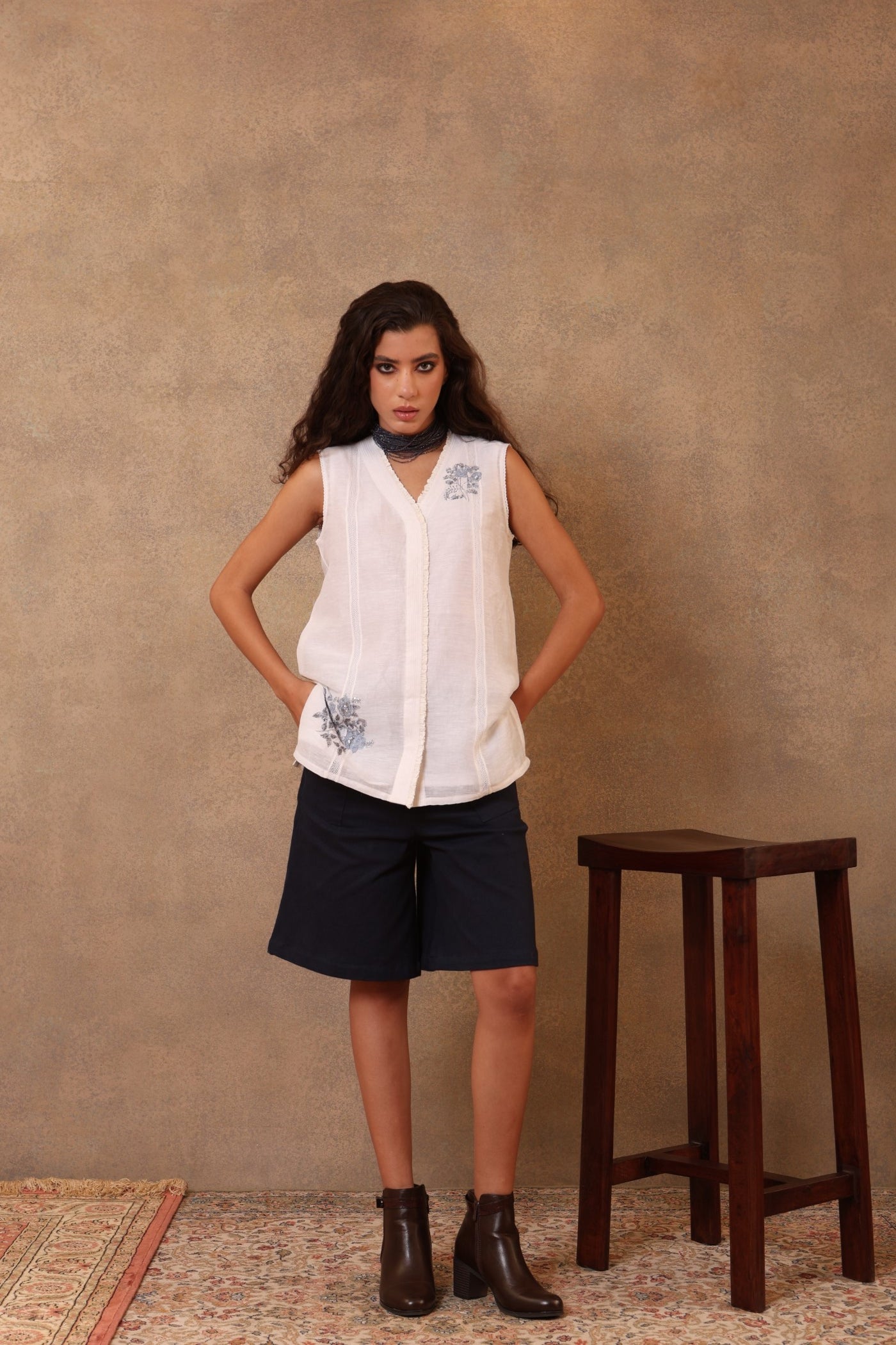 Ivory Hand-Embroidered Pure Silk-Linen Sleeveless Blouse With Threadwork Detail And Pure Cotton Frills