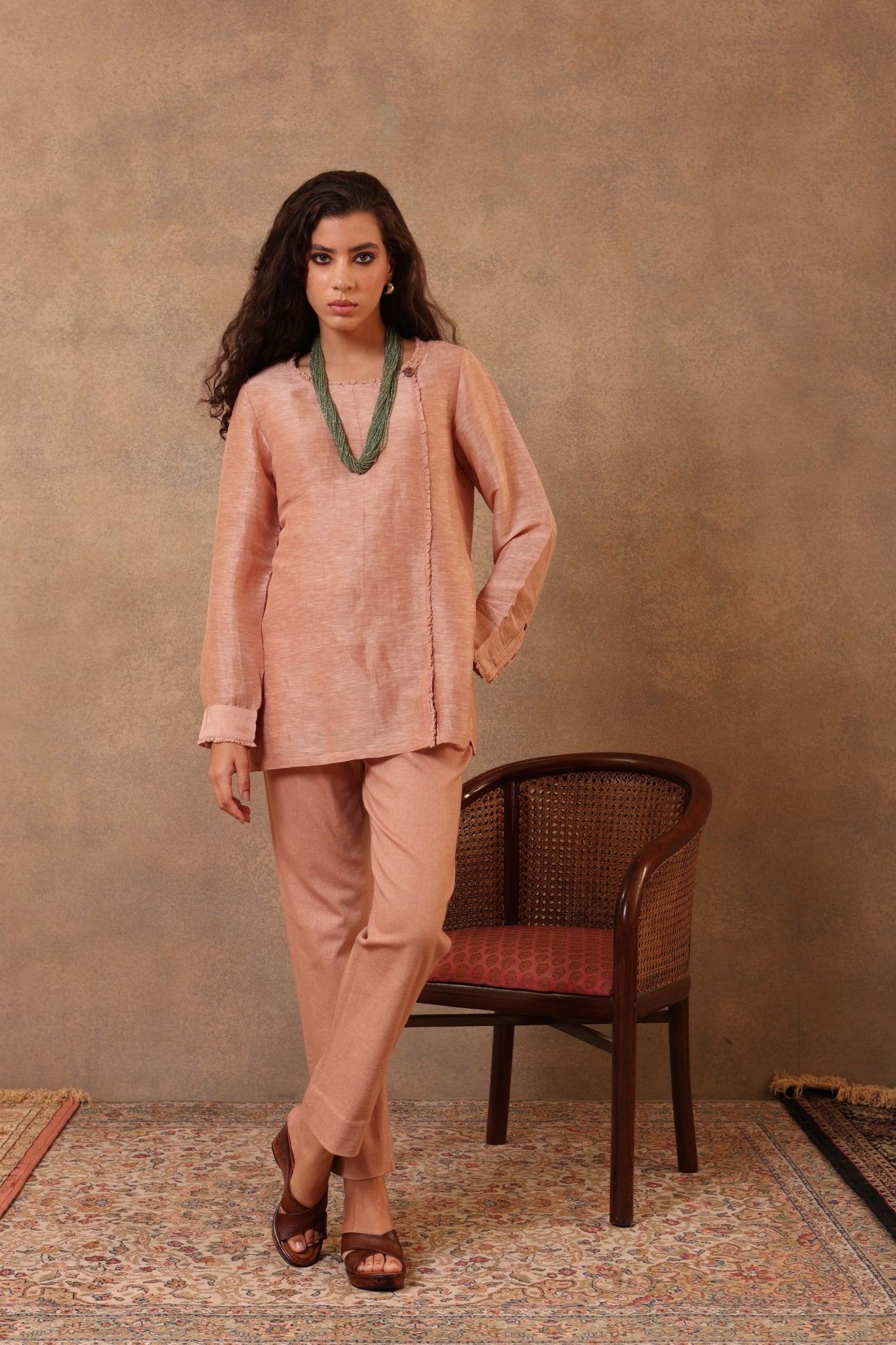 Rose-Brown Pure Silk-Linen Blouse With Cott0N-Silk Frills