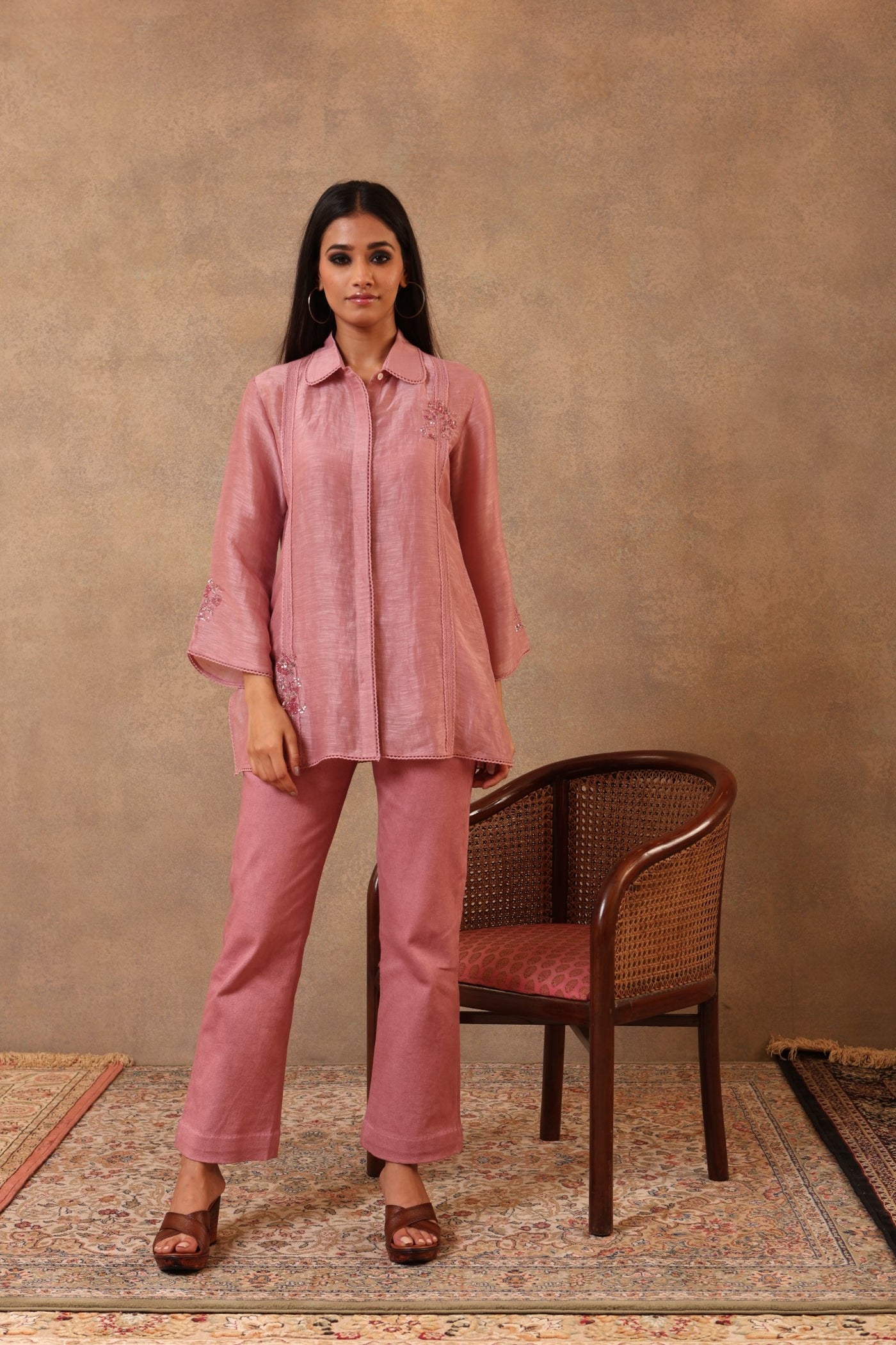 Lilac-Rose Hand-Embroidered Pure Silk-Linen Collared Blouse With Cotton Laces