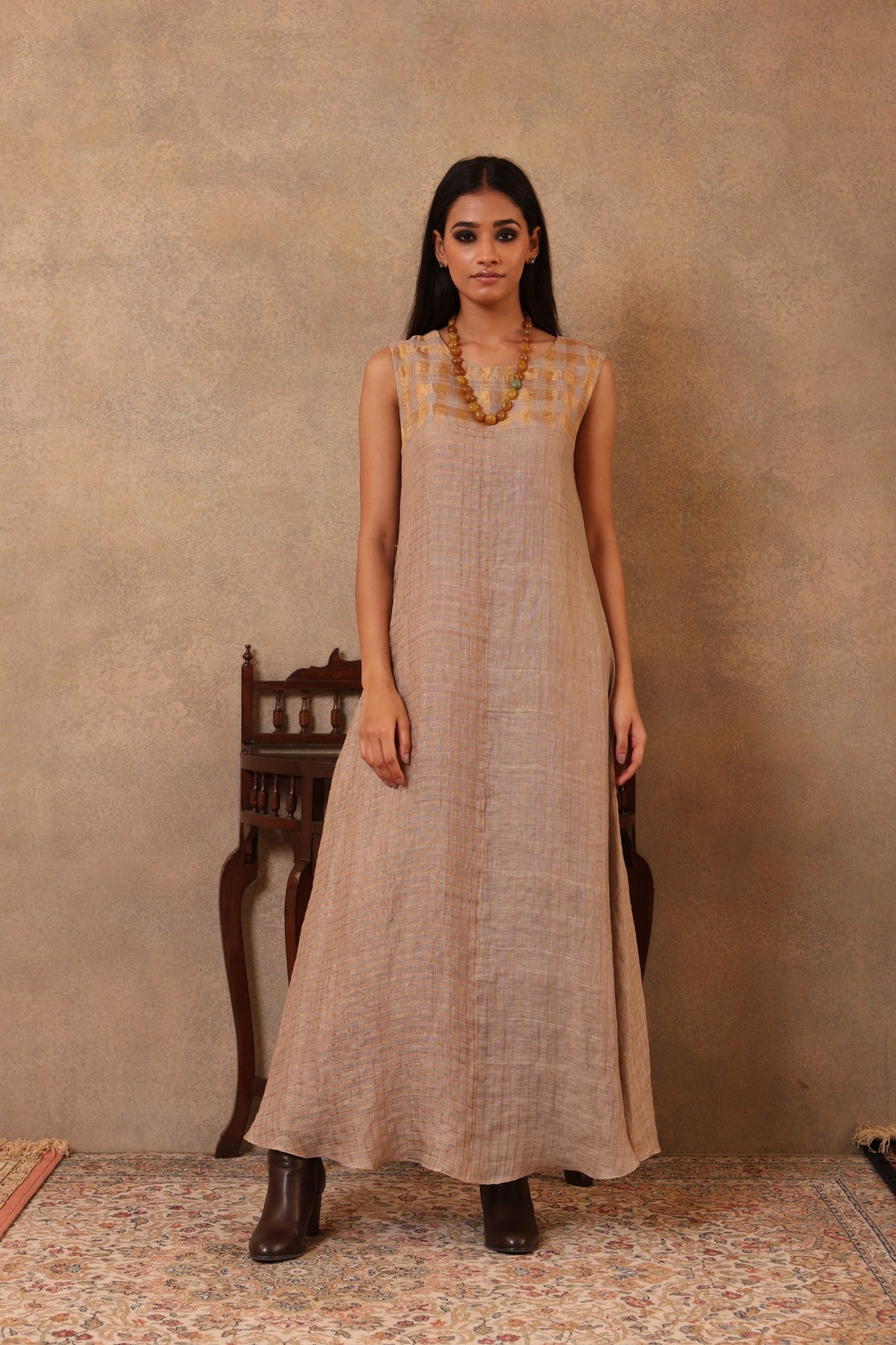 Beige-Grey Handloom Pure Linen (With Metallic Weave) Straight Sleeveless Long Dress