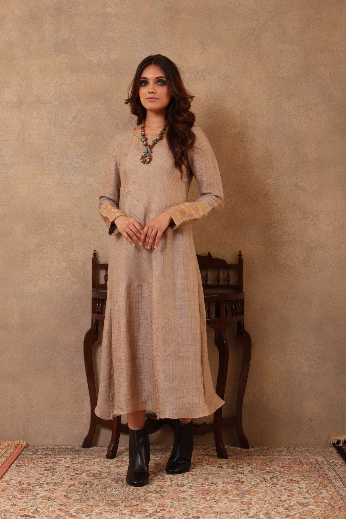 Beige-Grey Handloom Pure Linen (With Metallic Weave) Straight Long Dress